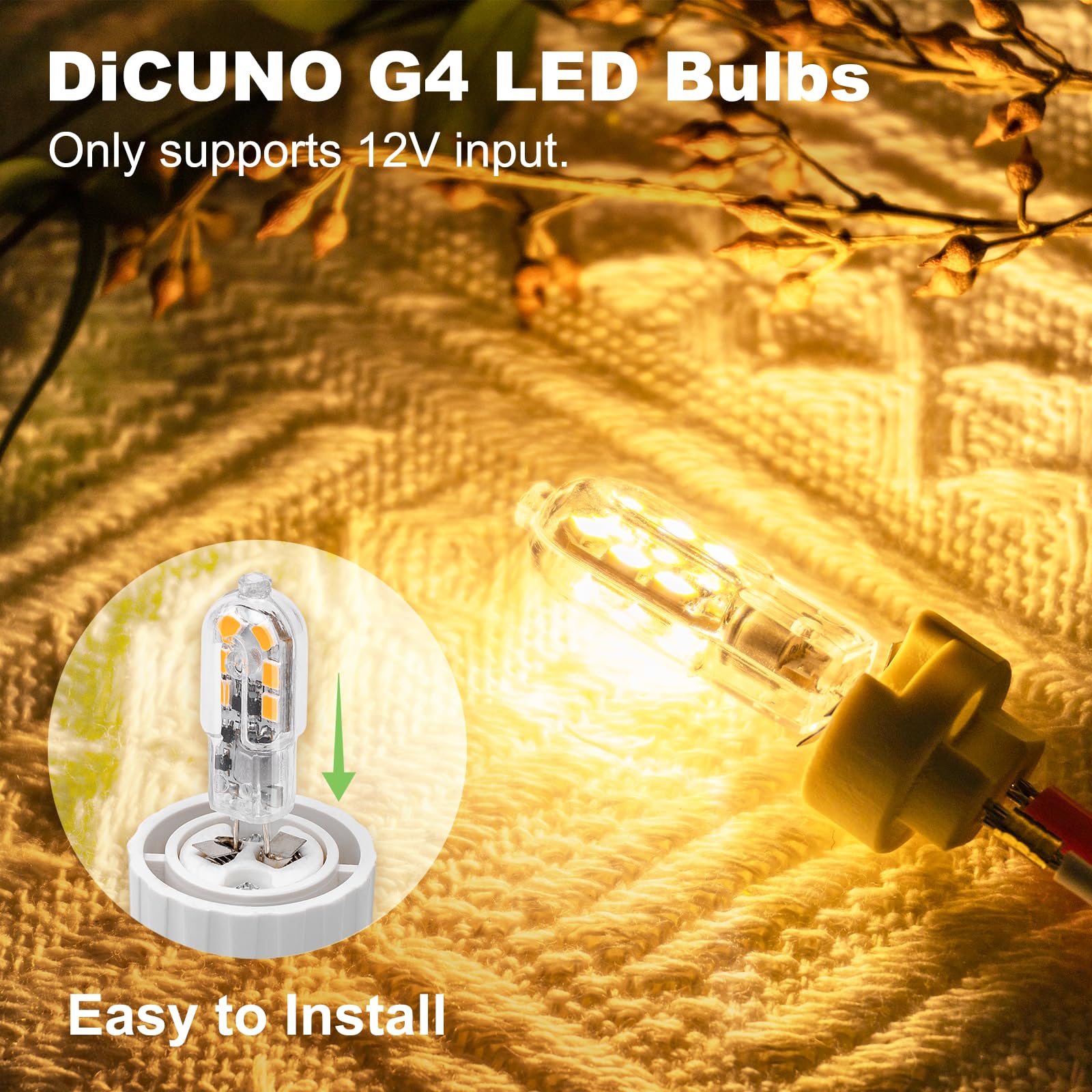 DiCUNO Lampadina LED G4, Bianco caldo 3000K, 1.5W sostituisce 15-20W alogena, Non dimmerabile, AC/DC 12V,160LM, Piccola lampadina, Senza sfarfallio, 10 pezzi
