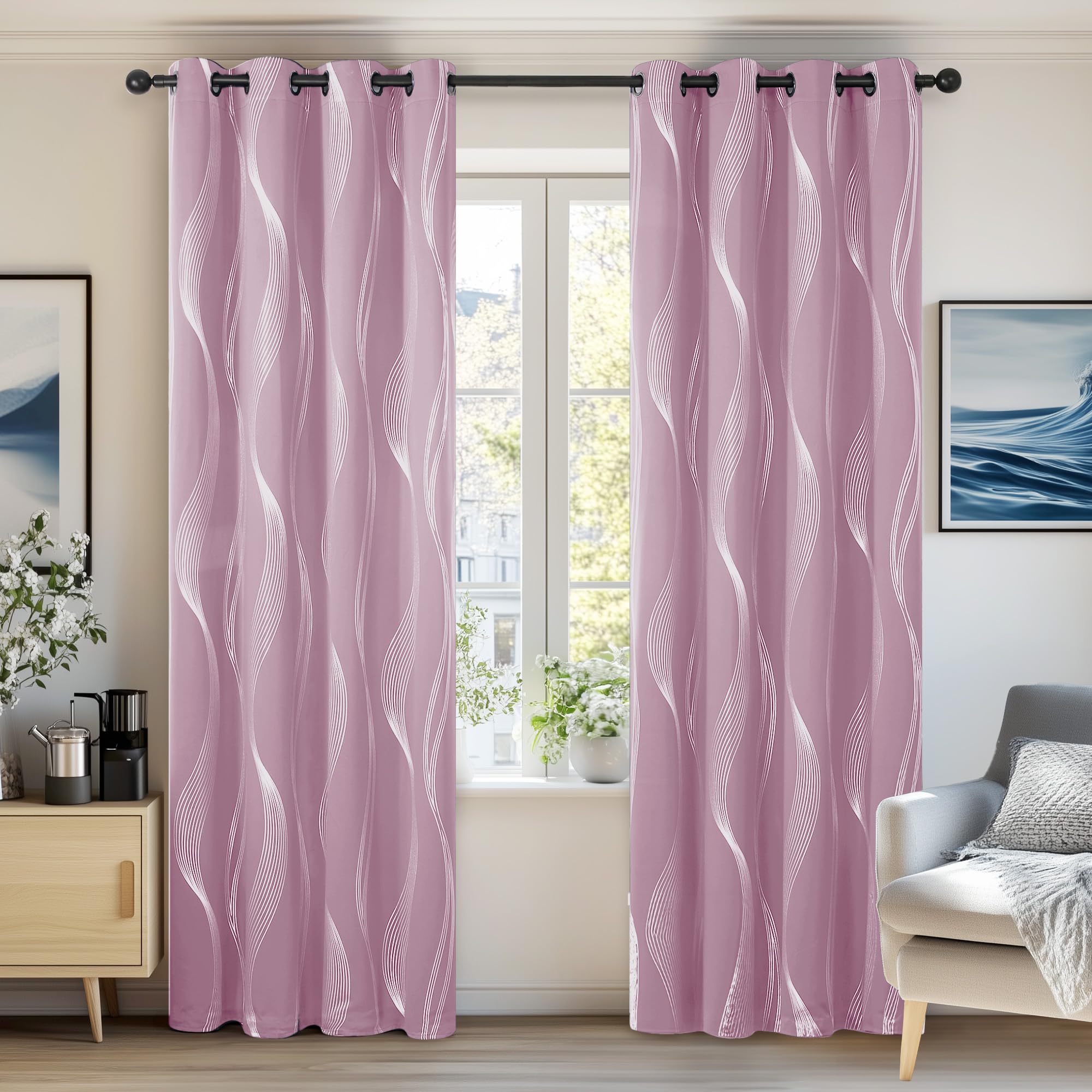 Deconovo Grey Curtains 46 x 54 Inch Foil Printed Wave Line Room Darkening Curtains Thermal Insulated Energy Saving Super Soft Eyelet Blackout Curtains for Bedroom Light Grey 2 Panels — view 26