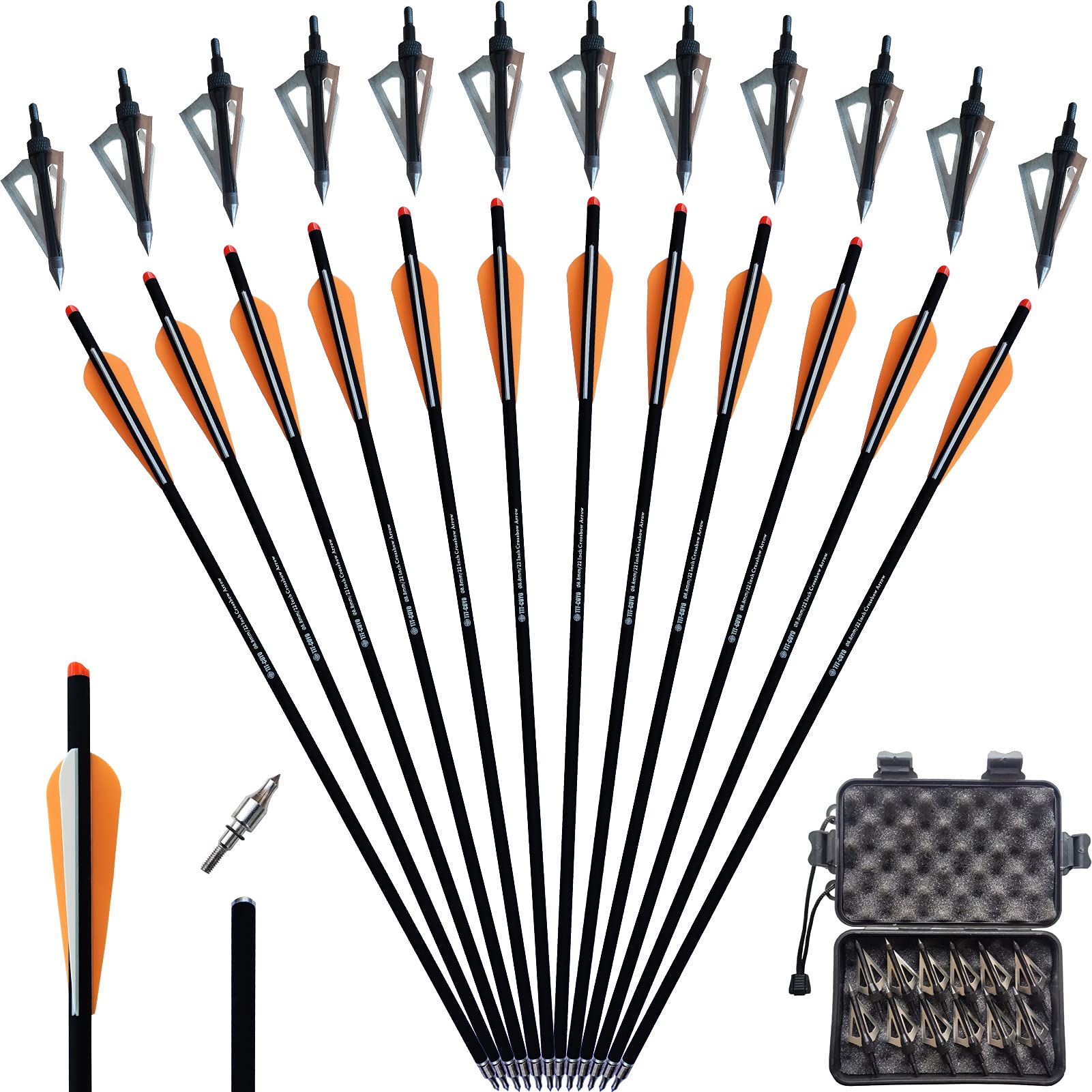 20 22 Inch Crossbow Bolts and Crossbow Broadheads Set Carbon Crossbow Arrows for Hunting and Outdoor Practice, 12pcs Arrows 12pcs Broadheads(24 Pack)