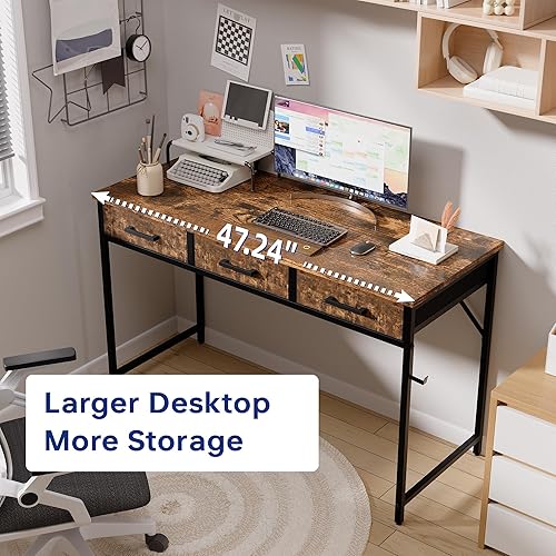 Miniatura 4 de Pamray Escritorio pequeño de computadora de 47 pulgadas con 3 cajones para dormitorio, estudio, escritura, mesa de oficina en casa para espacios