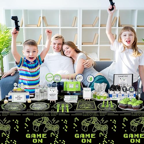 Miniatura 6 de Decoraciones de fiesta de videojuegos  81 piezas de decoraciones de cumpleaños verdes con juegos que incluyen platos de juego, servilletas, mantel