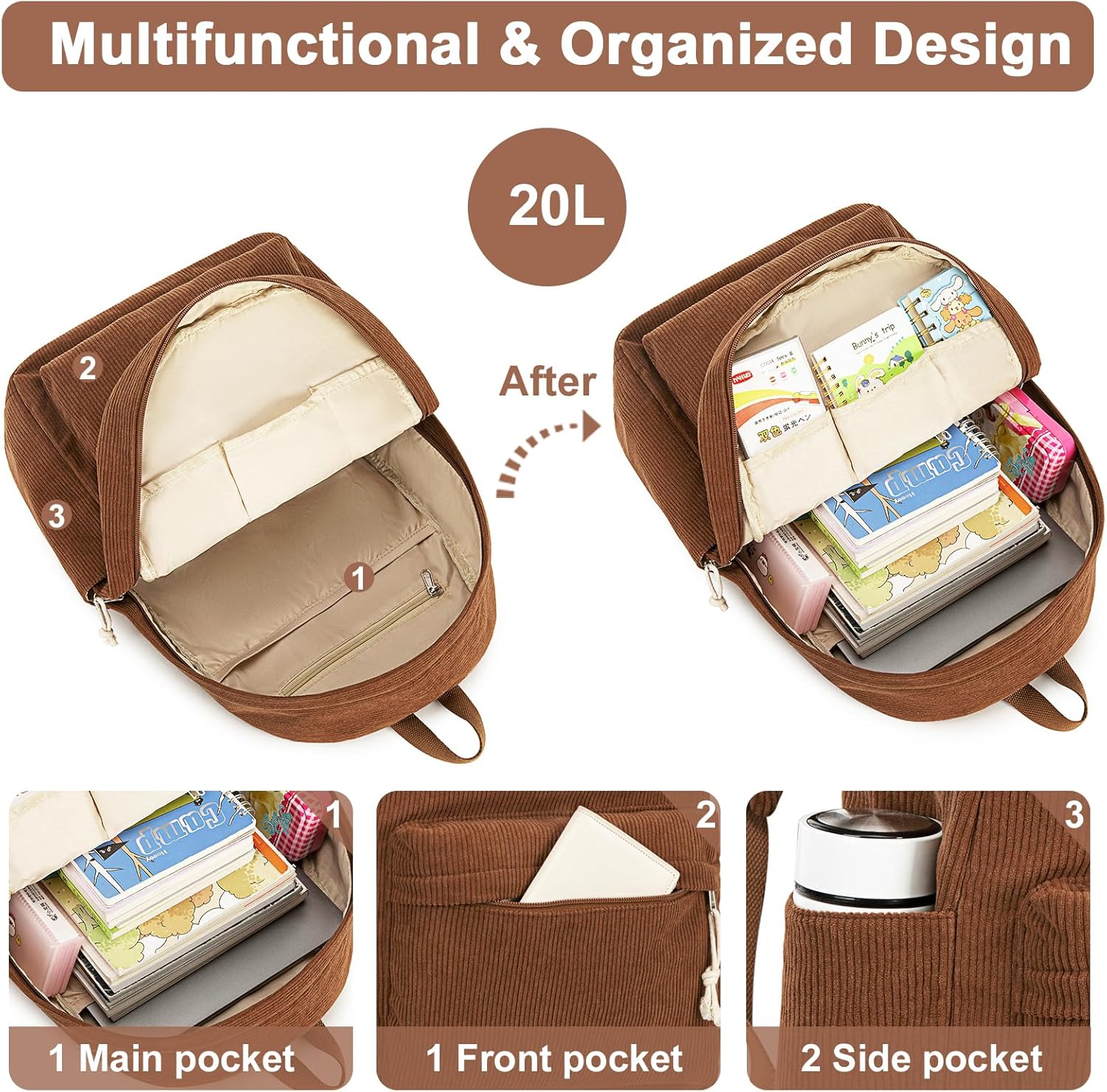 BTOOP School Backpack for Teens Large Corduroy Bookbag Lightweight 15.6 inch Laptop Bag for Girls Women Casual High School College - Image 3