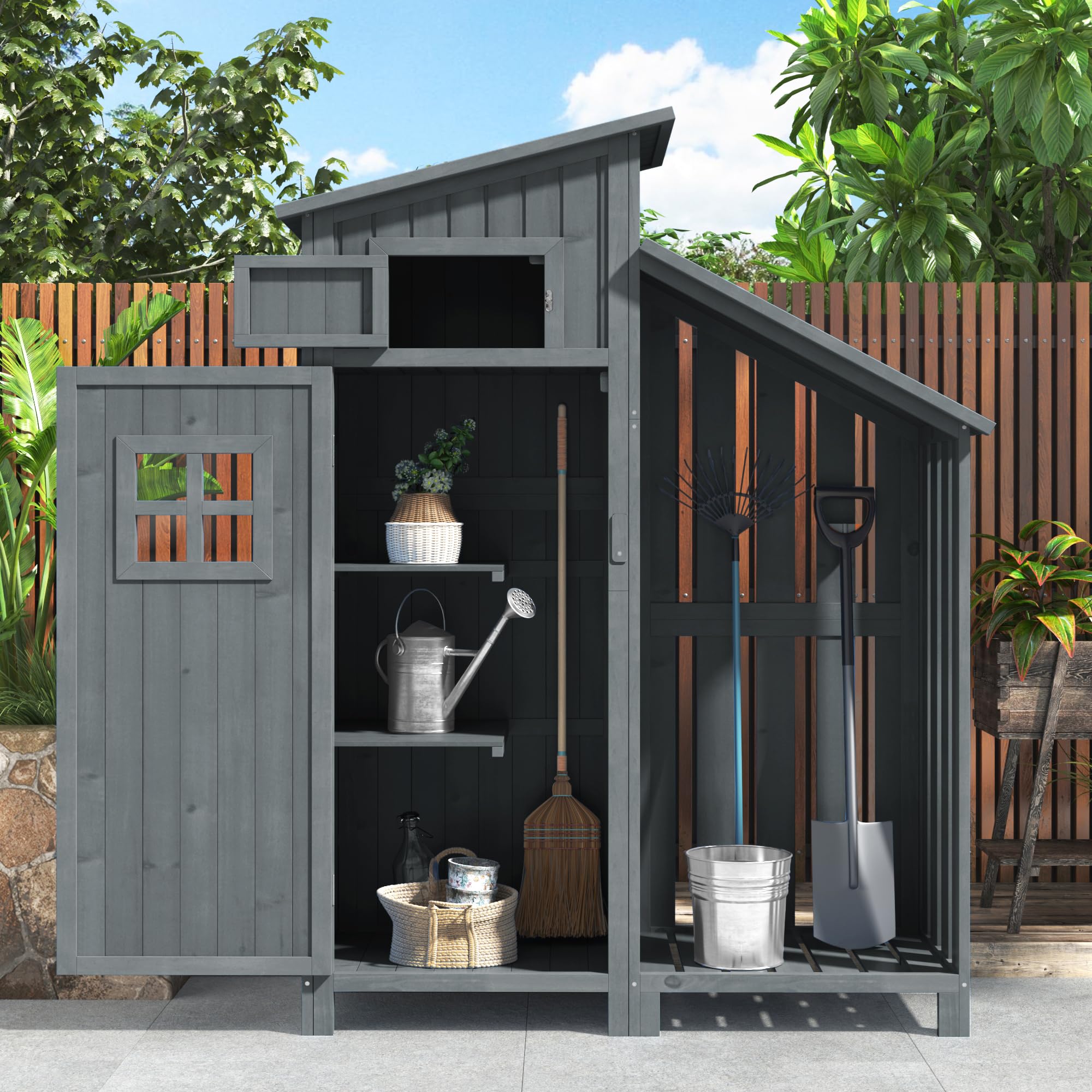 Armario de jardín de madera con 2 estantes, resistente a la intemperie para bicicletas y equipos (pequeño refugio de madera) para pequeños jardines y patios, color gris