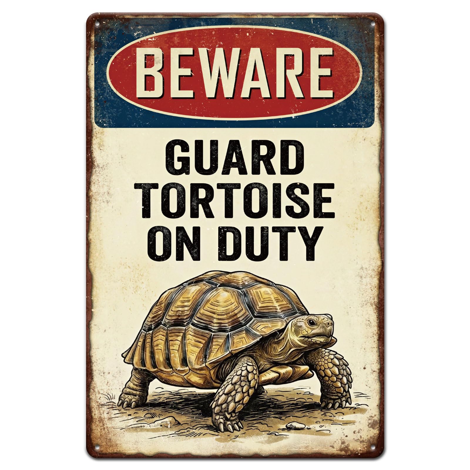 GLOBLELAND Funny Tortoise Habitat Metal Tin Sign 12×8 inch "Beware Guard Tortoise On Duty" Vintage Tin Sign Wall Decor for Home Garden Turtle Enthusiasts Reptile Enclosures Terrariums Zoos