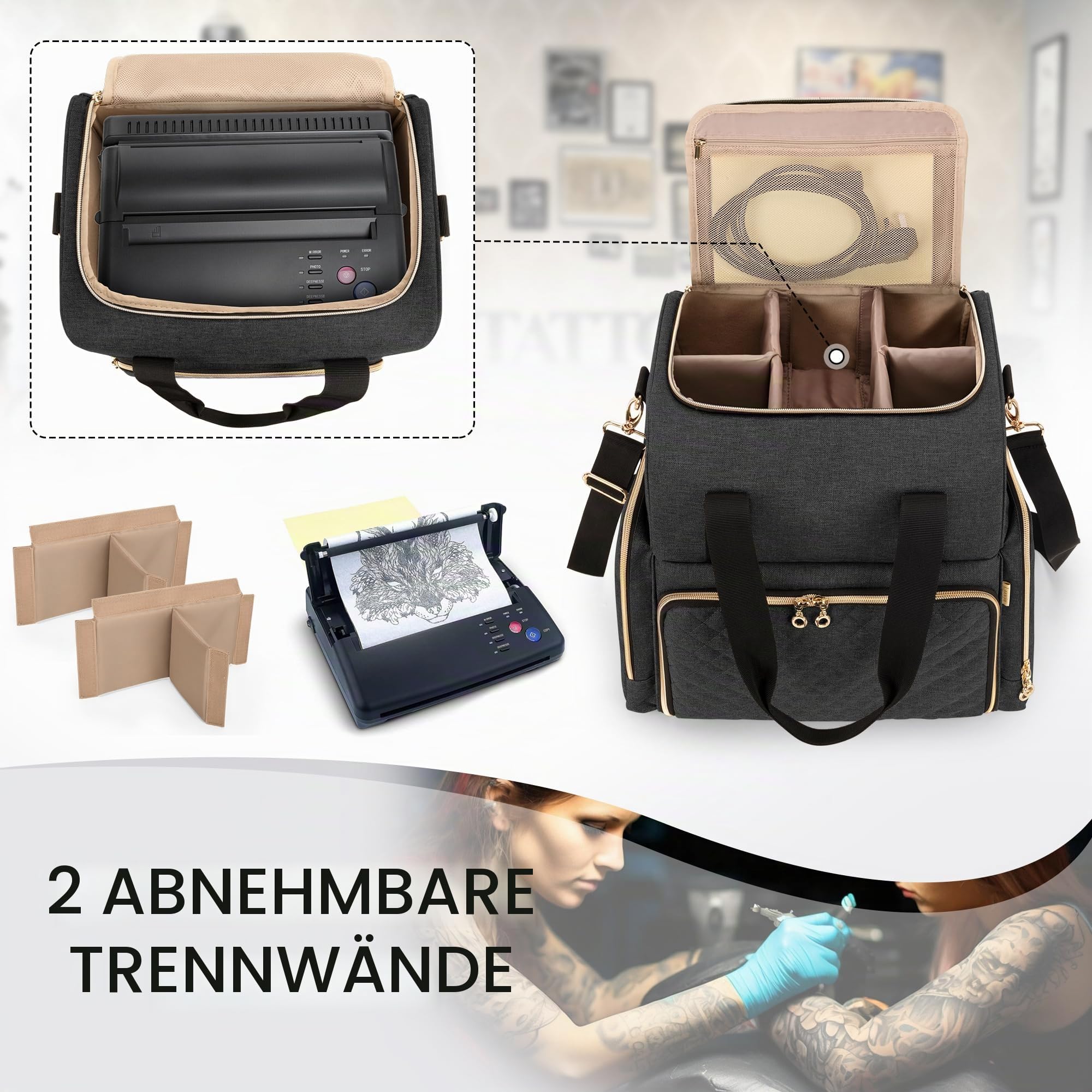 Luxja Großes Tattoo Reiseetui mit 3 abnehmbaren Beuteln, Schwarz | Tattoo Supplies Organizer für Tattoo Schablone Drucker und Tattoo Kit