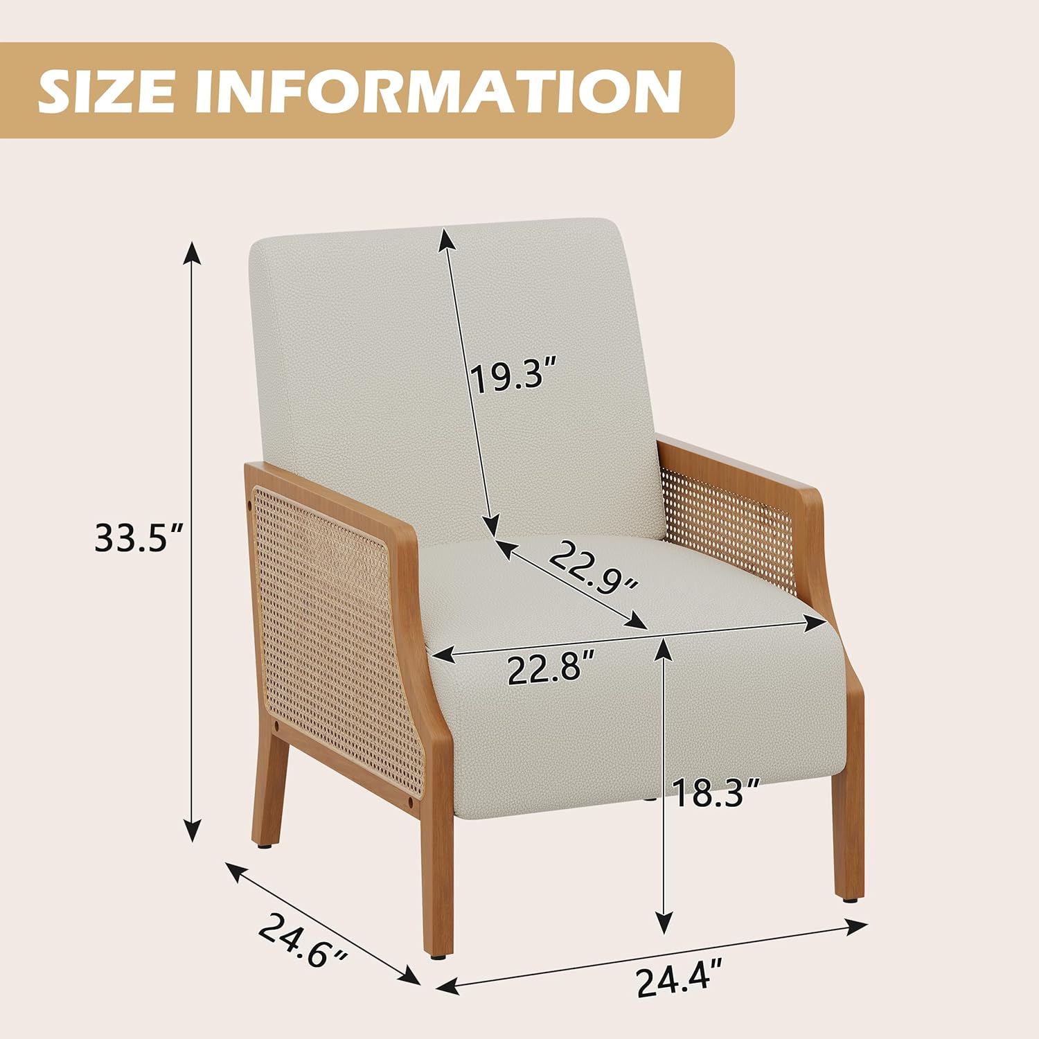 Aklaus Mid Century Accent Chair Set of 2 with Rattan Armrest, Upholstered Living Room Chairs Lounge Fabric Reading Chairs Side Sitting Farmhouse Chair for Living Room, Bedroom, Balcony, Beige