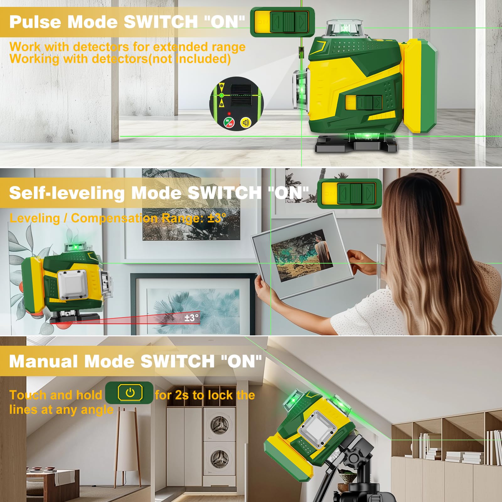【Modalità a Impulsi】Livella Laser Autolivellante 360, Verde Livello Laser 16 Linee, Telecomadon, Ricaricabile Typ-C, 2×5400mAh Batterie