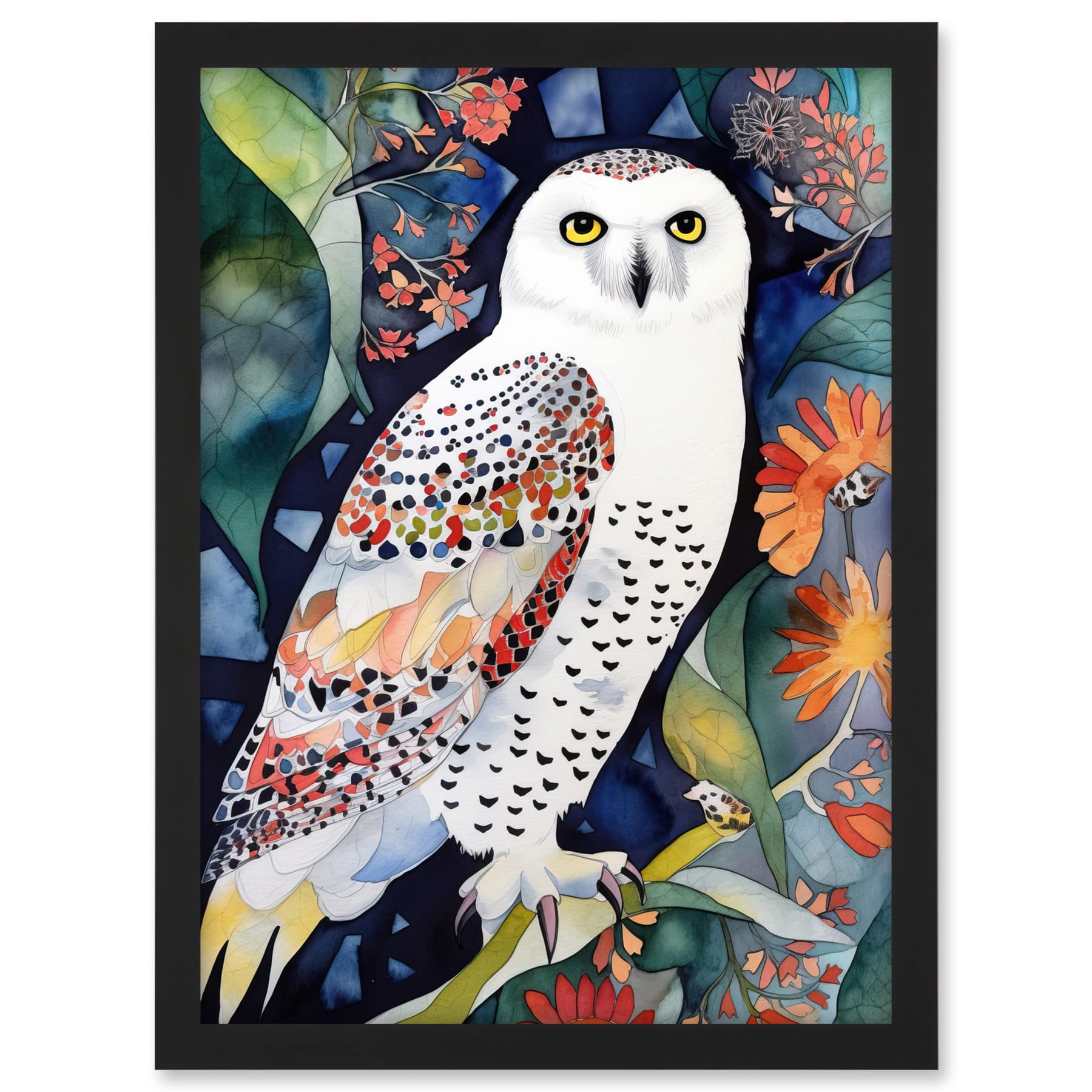 Artery8 Snowy Owl On Blooming Tree Folk Art Artwork Framed A3 Wall Art Print