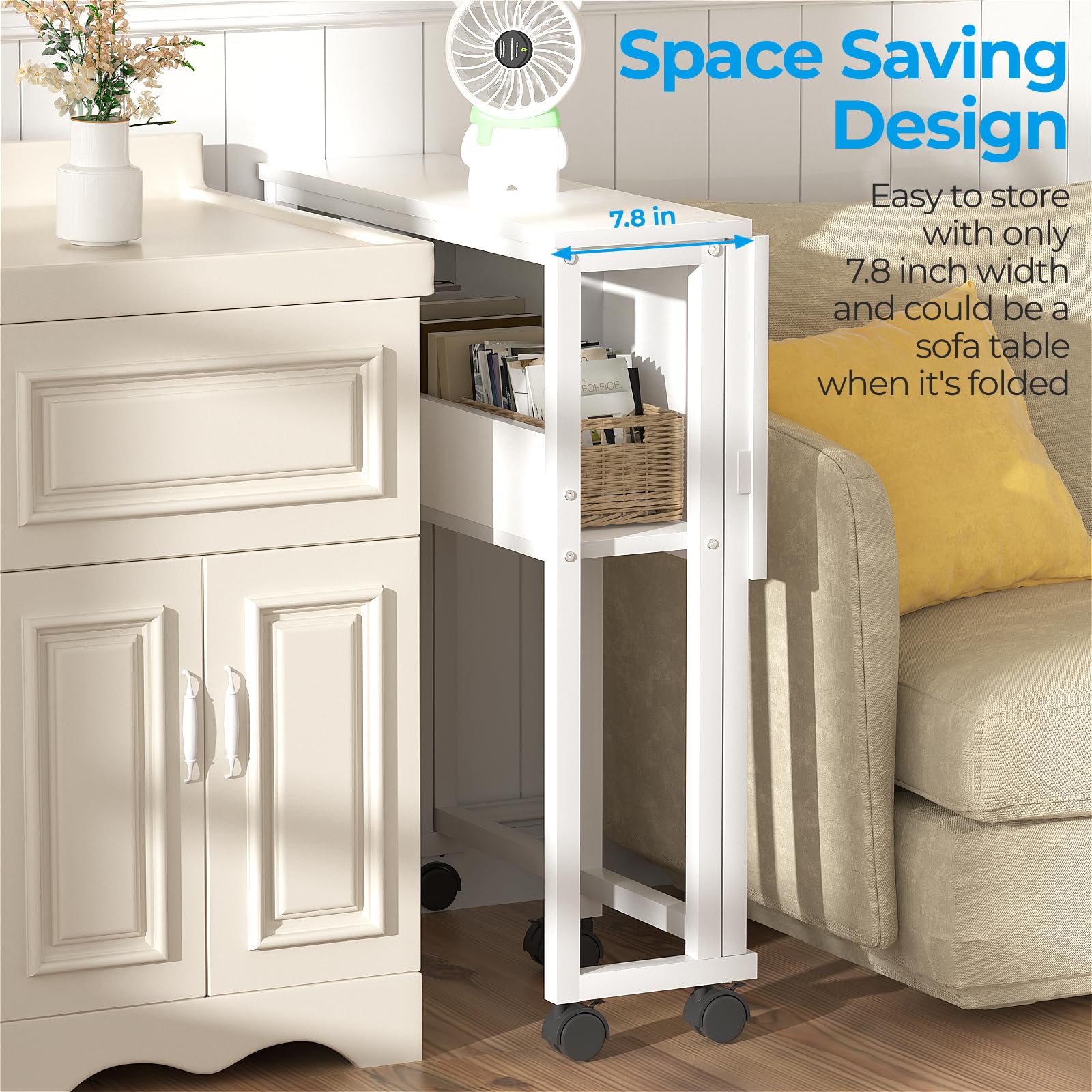 GreenForest Piccola Scrivania Pieghevole Salvaspazio con Scaffale, 63 CM Scrivania da PC su Ruote Facile da Assemblare, Adatta per Ufficio, Camera da Letto e Studio, Bianca