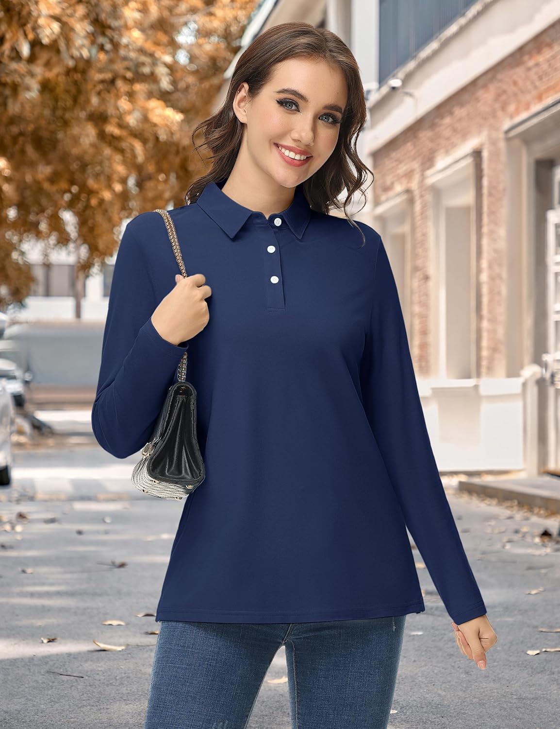 YUCOLEN Womens Polo Shirts Long Sleeve Casual Tops Collared Button Down Cotton Tee Work T Shirt - Image 2