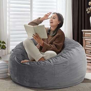Kromax Bean Bag Chair with Filling Included, Large 4FT Comfy Bean Bag Chairs for Adults, Teens, Memory Foam, Machine Washable Thick Dutch Velvet Cover, for Living Room, Den, or Bedroom, Light Grey
