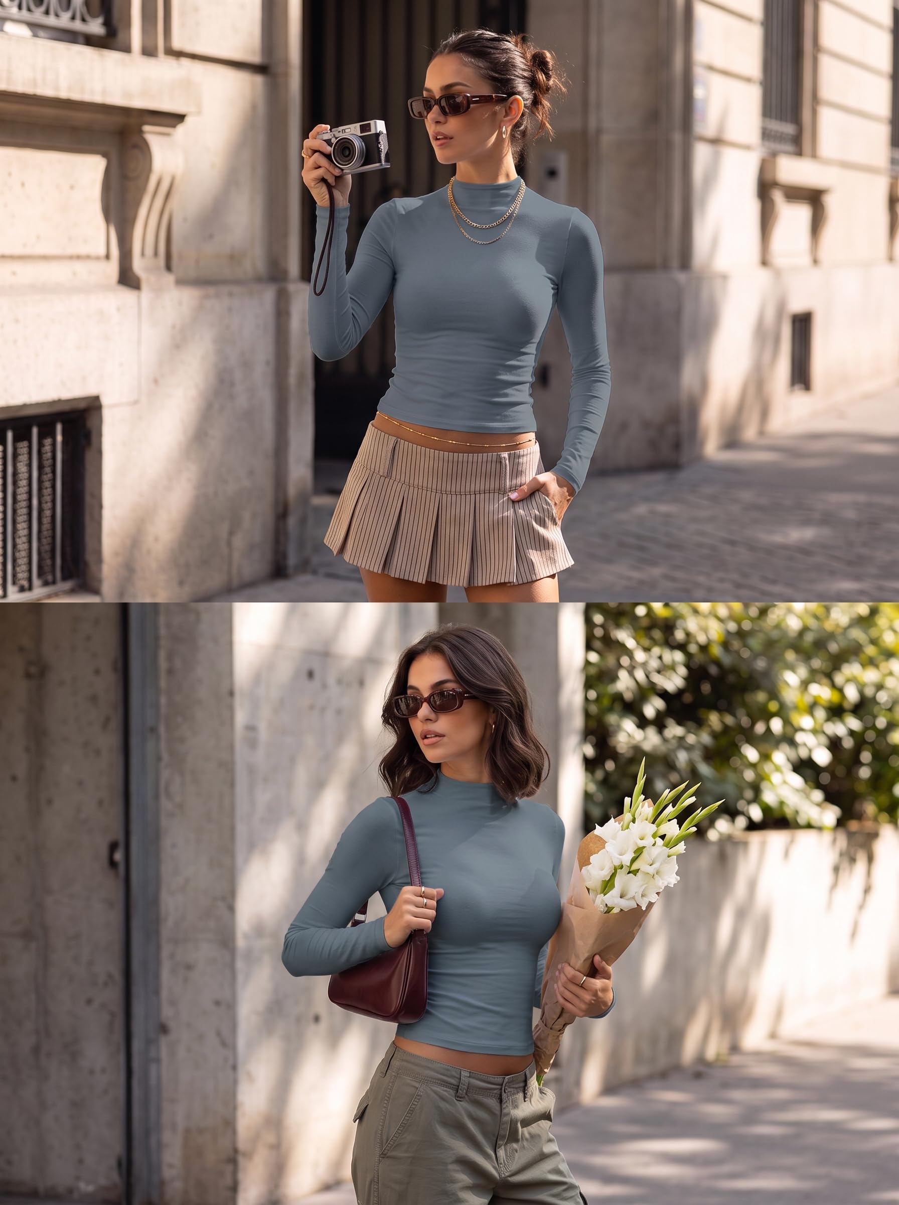 Hilor Camisetas de manga larga para mujer, básicas, de algodón, cuello alto, ajustadas, para salir, camisetas cortas Y2K