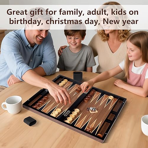 Vista 7 de Juego de backgammon de madera para adultos, estuche clásico de juego de mesa de 15 pulgadas, juego de backgammon plegable de alta calidad con piezas