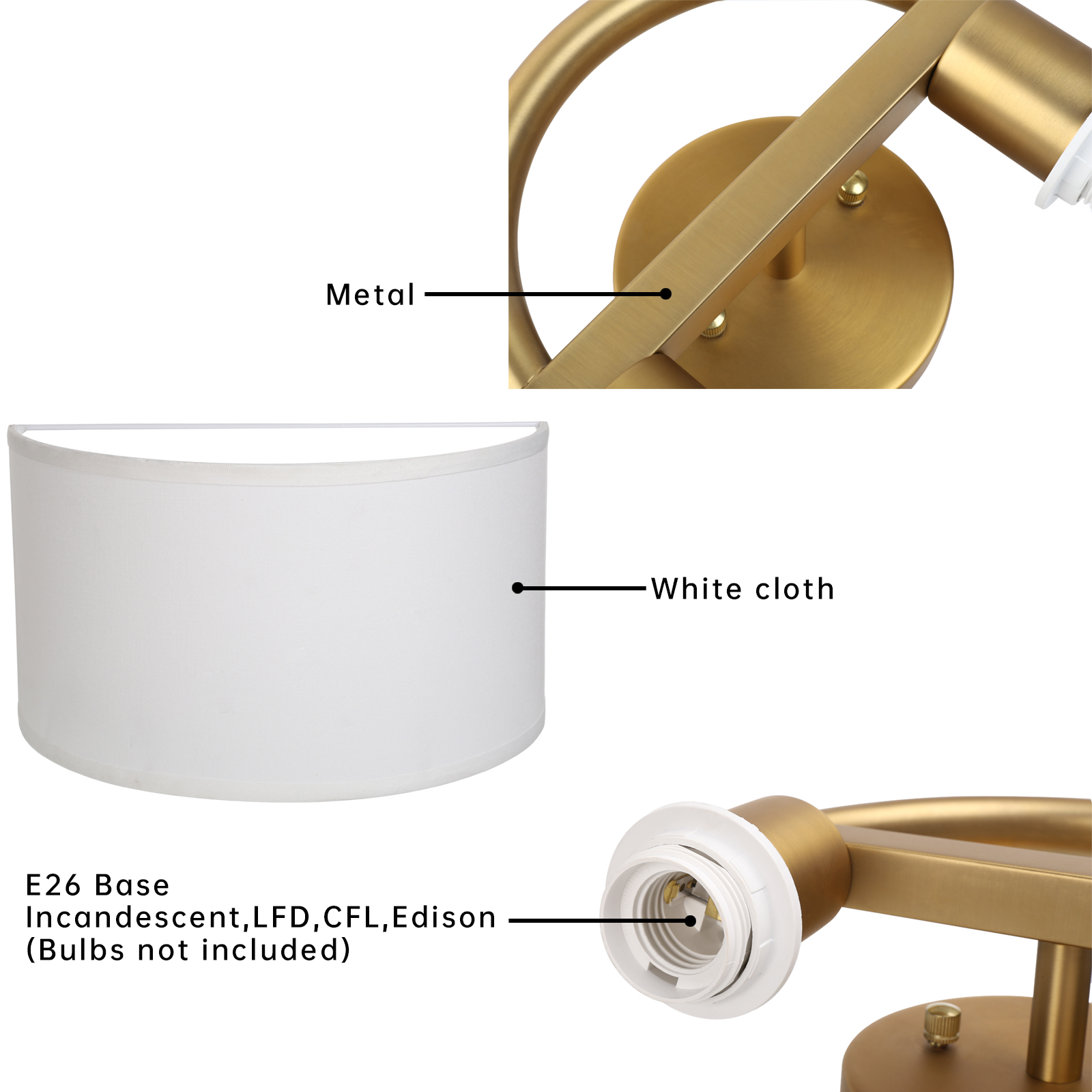 Image of Industrial 2-Lights Wall Sconce Fixture with White Fabric Shade, Double Arm Wall Light Lamps Decor for Hallway Bedroom Living Room Bathroom Stairway