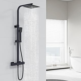 Comprar Acezanble - Columna de ducha termostática, 38 °C, de acero inoxidable, con válvula mezcladora, 20 x 20 cm, cabezal de ducha cuadrado, chorro único, negro
