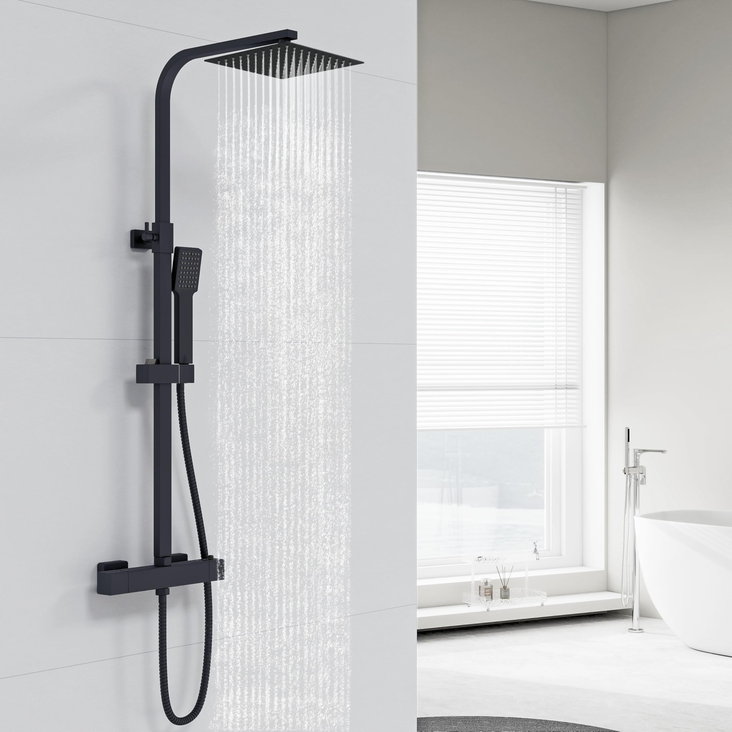 Colonne de Douche Thermostatique,Système de douche thermostatique 38°C,Colonne de Douche Acier Inoxydable avec Mitigeur Salle de Bain,20x20CM Pommeau de Douche,Carré,Mitigeur Douche Noir