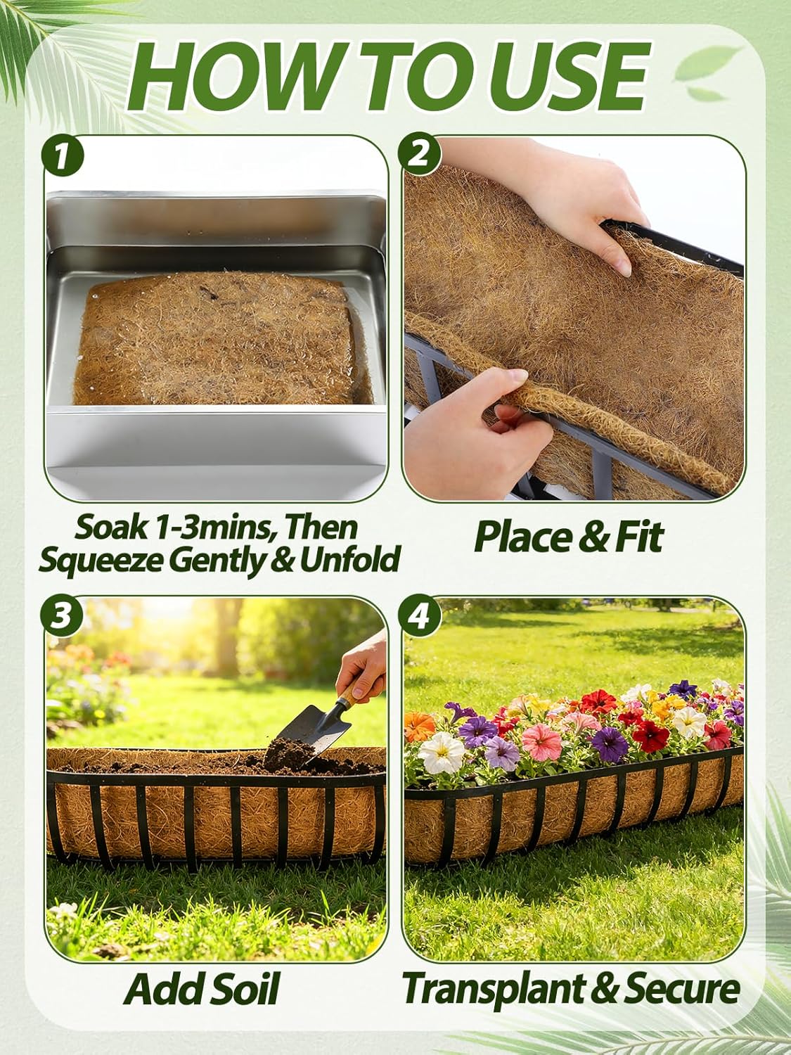 48in Arched Coco Liners for Window Planter Box - 4 Pack 100% Natural Coconut Coir Fiber Liner Replacement for Deck Flower Box, Garden Railing Fence Trough, Wall Planter Basket