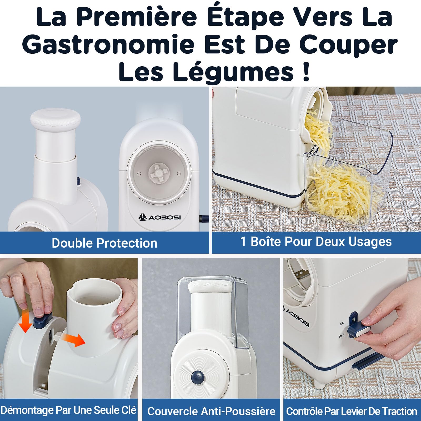 Râpe a Légumes Électrique,AOBOSI Râpe Electrique pour râper et émincer avec une grande fente pour râper les carottes entières, les pommes de terre, 3 lames et un moteur silencieux-Mise à jour