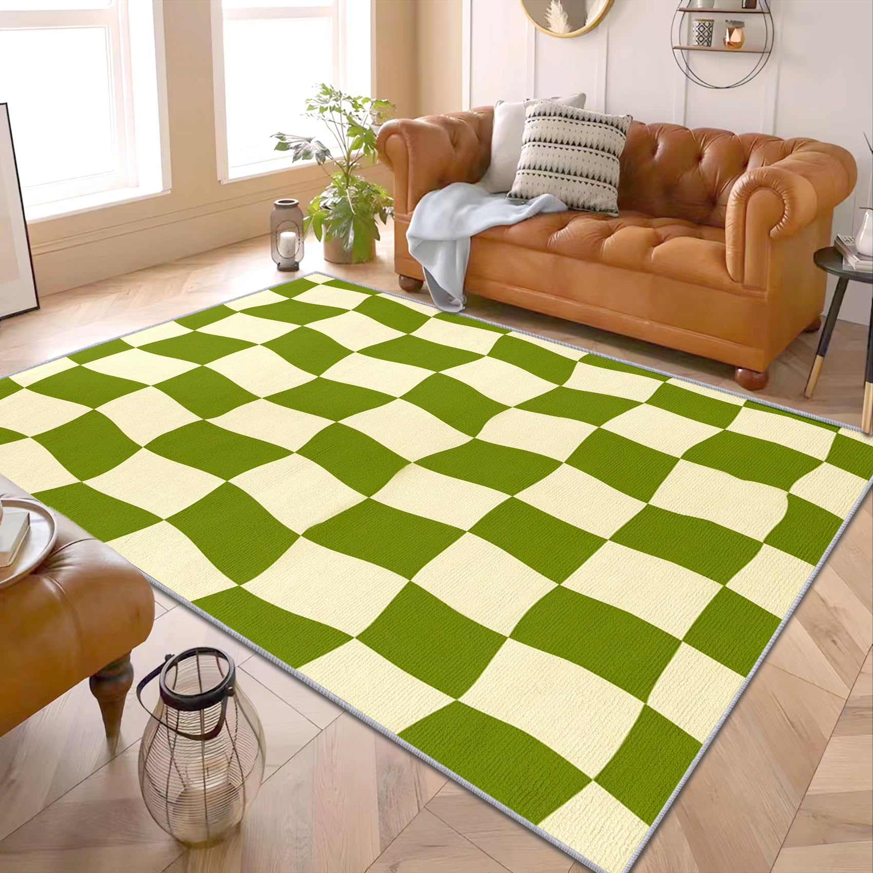 Wavy Checkerboard Rug Green - Retro Funky Checkered Rug, Trendy Geometric Rugs for Living Room Bedroom, Washable Non Slip Soft Small Carpet, Patterned Area Rugs & Home Decor 40x60 cm