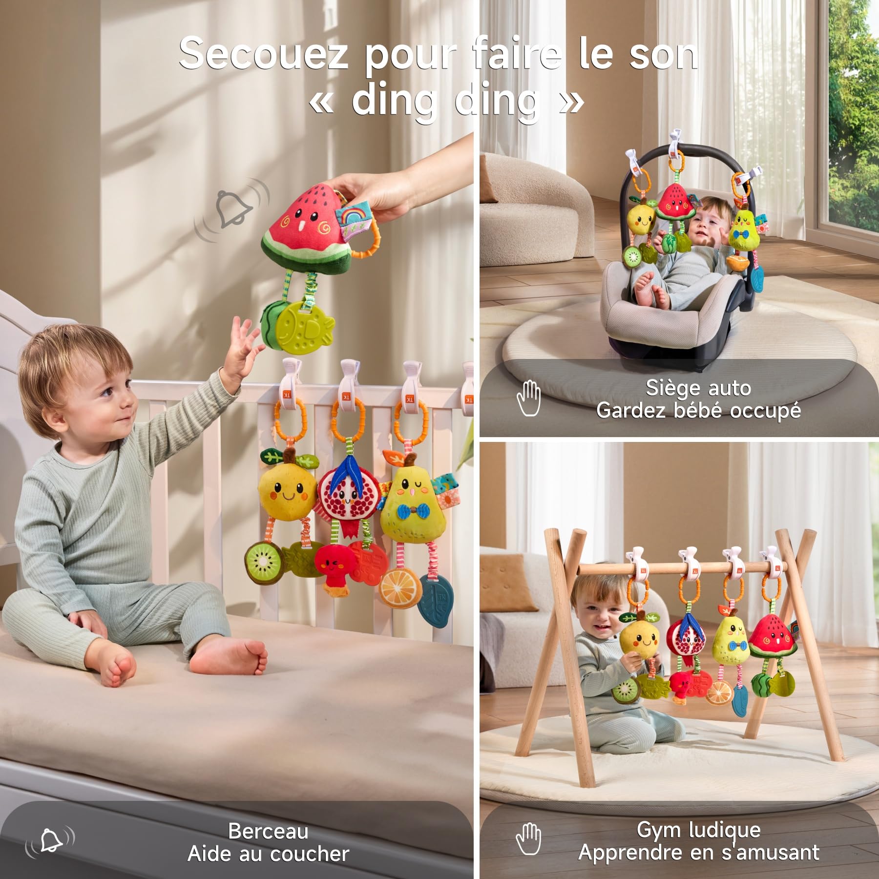 TUMAMA Hochet à suspendre pour landau de bébé de 0 à 3 à 6 à 9 mois, jouets d'apprentissage sensoriel pour nouveau-né avec son couineur et anneau de dentition, hochets en peluche citron pour siège