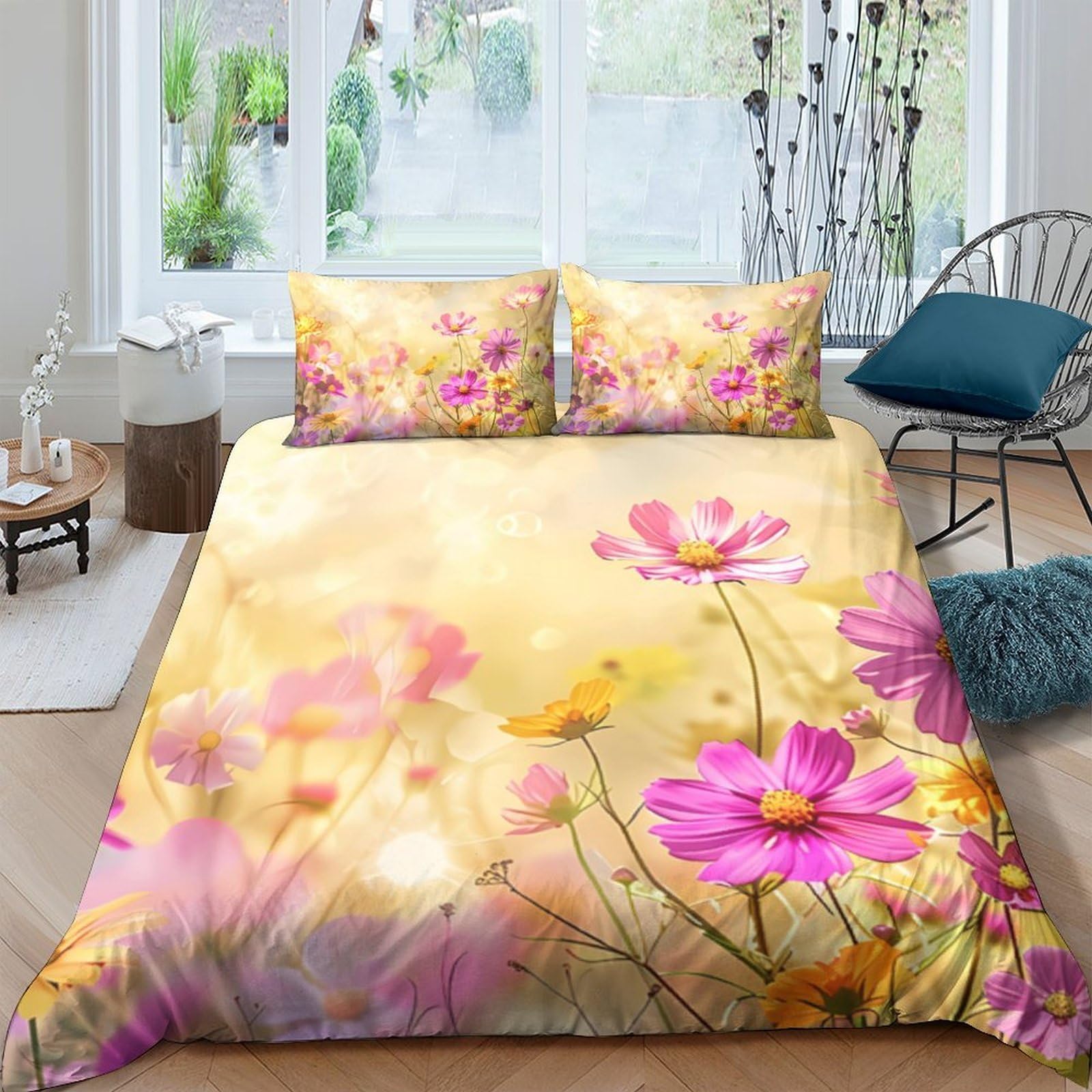 Ctjqhvkz Style-3 3D Printed Yellow Floral Fitted Sheet Microfiber Soft Pink Wildflower Bed Cover For Bedroom Guest Room Decor Easy Care Single（135X200cm）