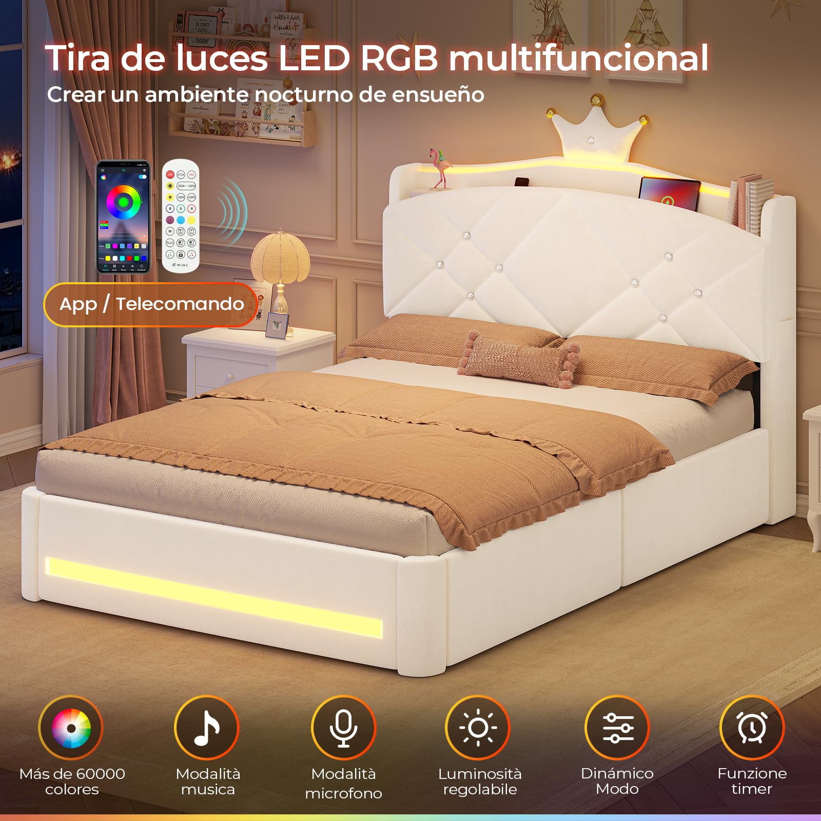 AOGLLATI Cama Juvenil 140x190cm, Cama Princesa, Camas Matrimoniales, Bianco | 2 Cajones de Almacenaje, Iluminación LED, Estación de Carga, Cabecero Tapizado, Bordes Redondeados, Modo música, Terciopelo