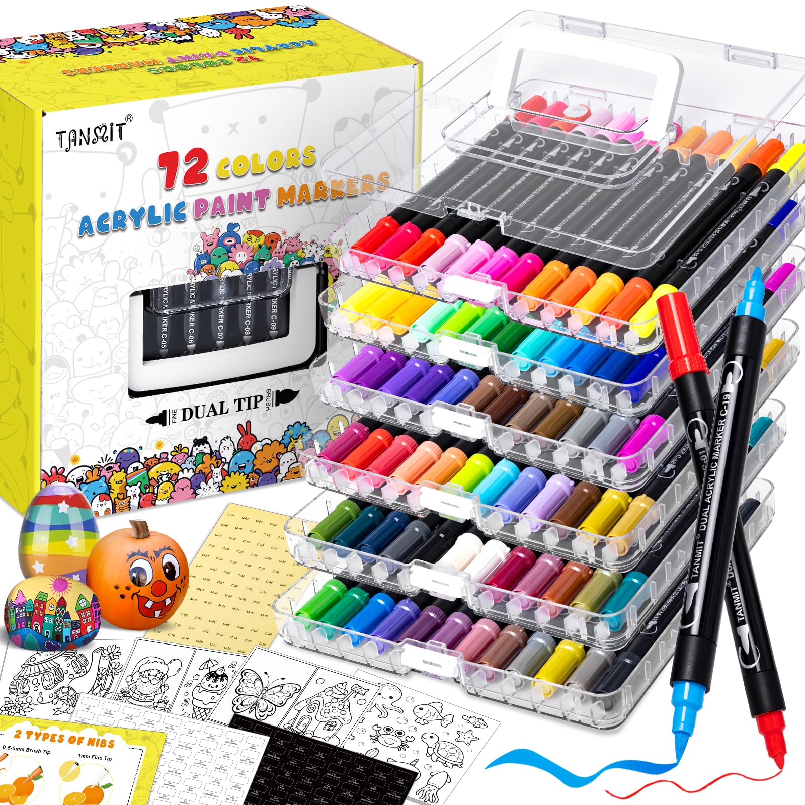 TANMIT 72 Colors Acrylic Paint Markers Dual Tip Acrylic Paint Pens for Rock Painting Wood Canvas Stone Glass