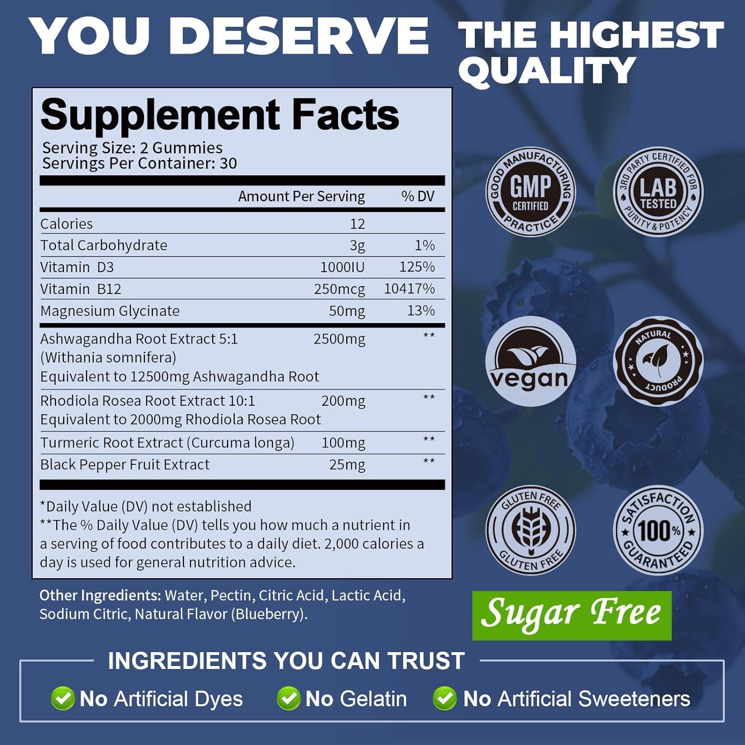 Totaria Sugar Free Ashwagandha Filled Gummies 2500mg w/Vitamin D3, Magnesium Glycinate, Rhodiola, Ultra Strength Ashwa Root Supplements for Women & Wen, for Relaxation, Energy, Blueberry Flavor - Image 2