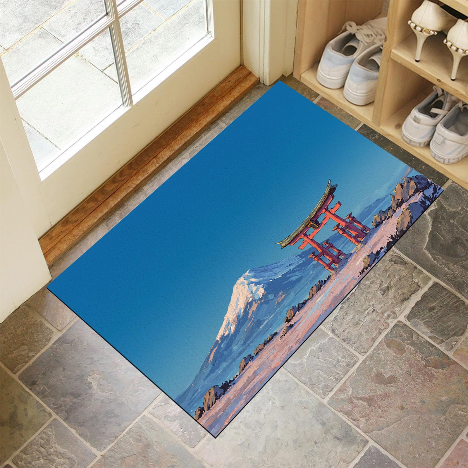 Paillasson anime japonais avec porte Torii rouge et tapis absorbant bleu clair