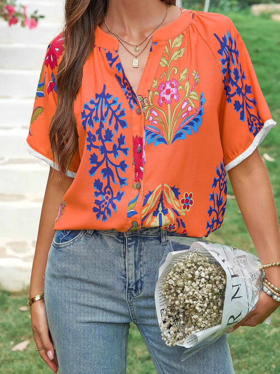 Yousify Button Down Shirts for Women Short Sleeve Boho Tops V Neck Dressy Blouses Summer Casual Outfits - Image 2