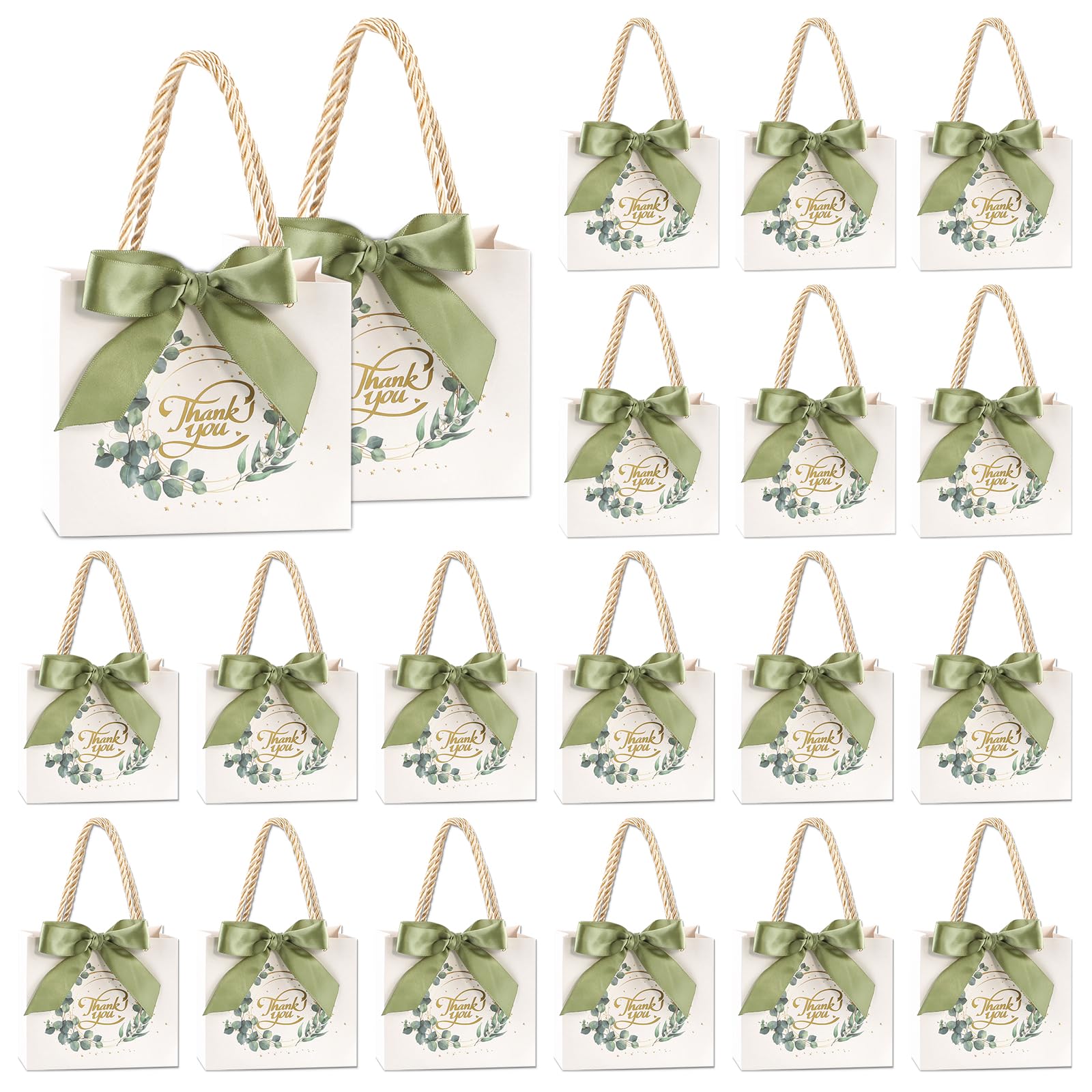 Ktxaby 20PCS Small Thank You Gift Bags 14x6x12cm with Handle,White Gift Bag with Bow Ribbon and Green Leaves Pattern Party Favour Bags for Wedding Birthday Party Supplies โ image 1