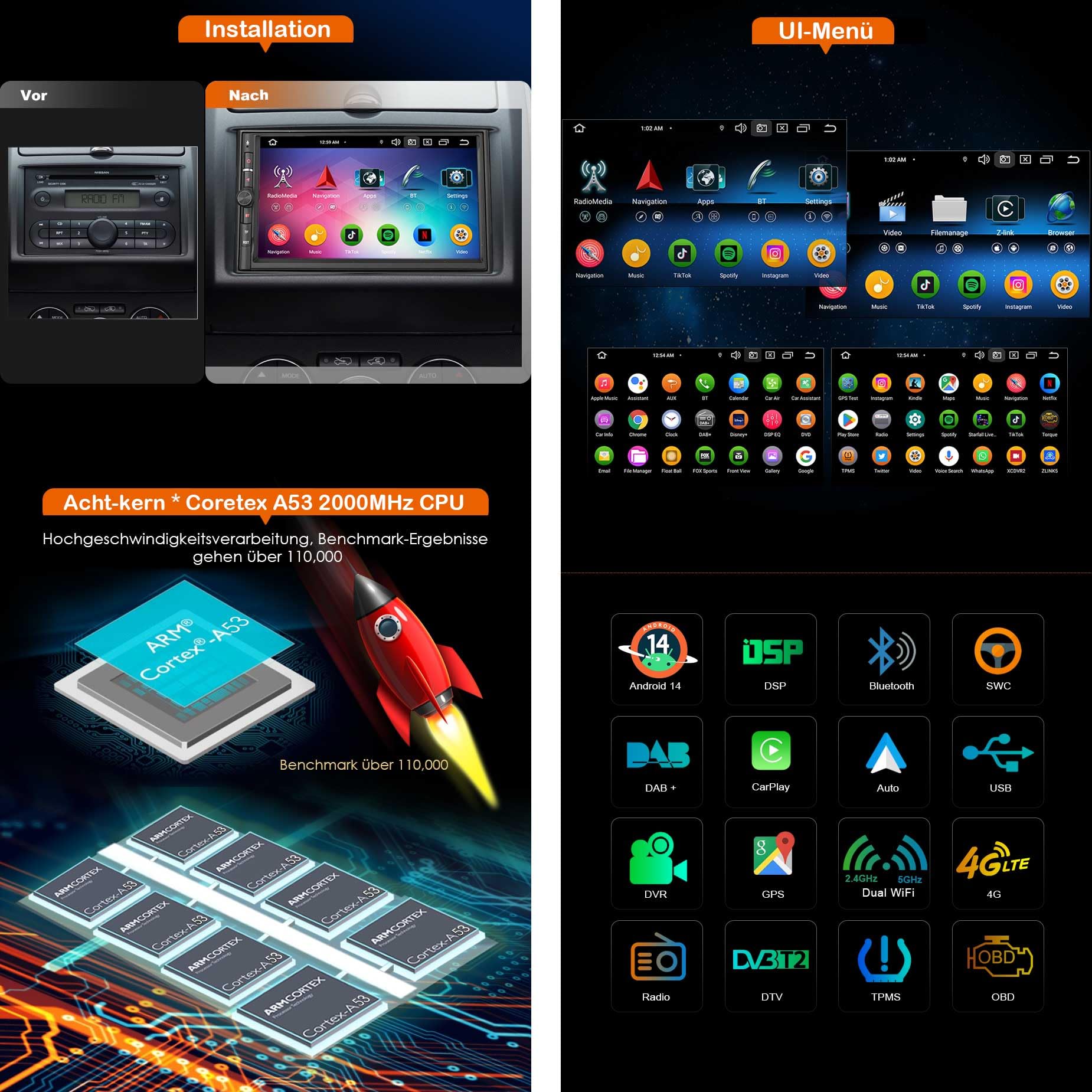 Erisin Autoradio 2 Din Android 14 – 8 Core, 8GB RAM + 128GB ROM, Qualcomm Snapdragon 460, GPS Navigatore, Wireless CarPlay E Android Auto, Bluetooth 5.1, WiFi, 4G, DSP - 2