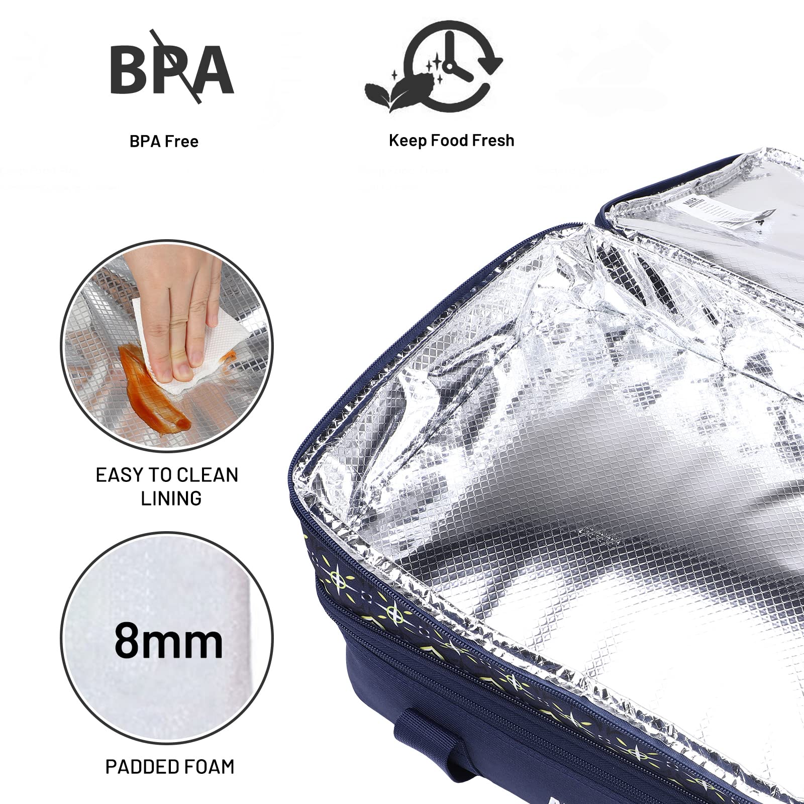 MIER Borsa termica termica termica per il pranzo con doppia casseruola, per feste di Potluck e picnic, spiaggia, adatta a teglie da forno da 20 x 30 cm, casseruola, espandibile, blu scuro