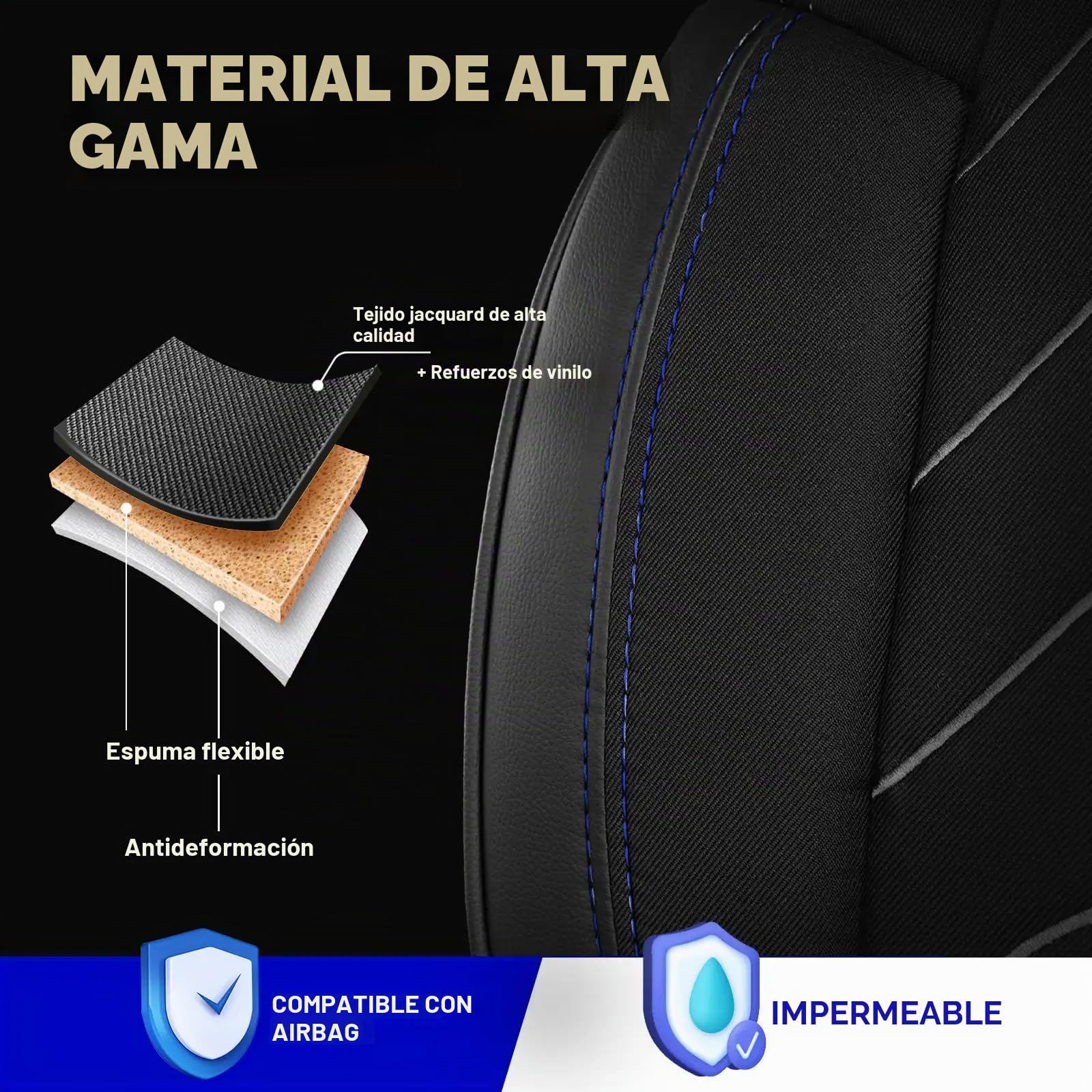 Fundas para asientos universales 2+1 para Renault Trafic 3 (2015-2024), OPEL Vivaro B (2014-2018) – Fundas de asiento de lino para asientos delanteros, negro-azul, juego de fundas para