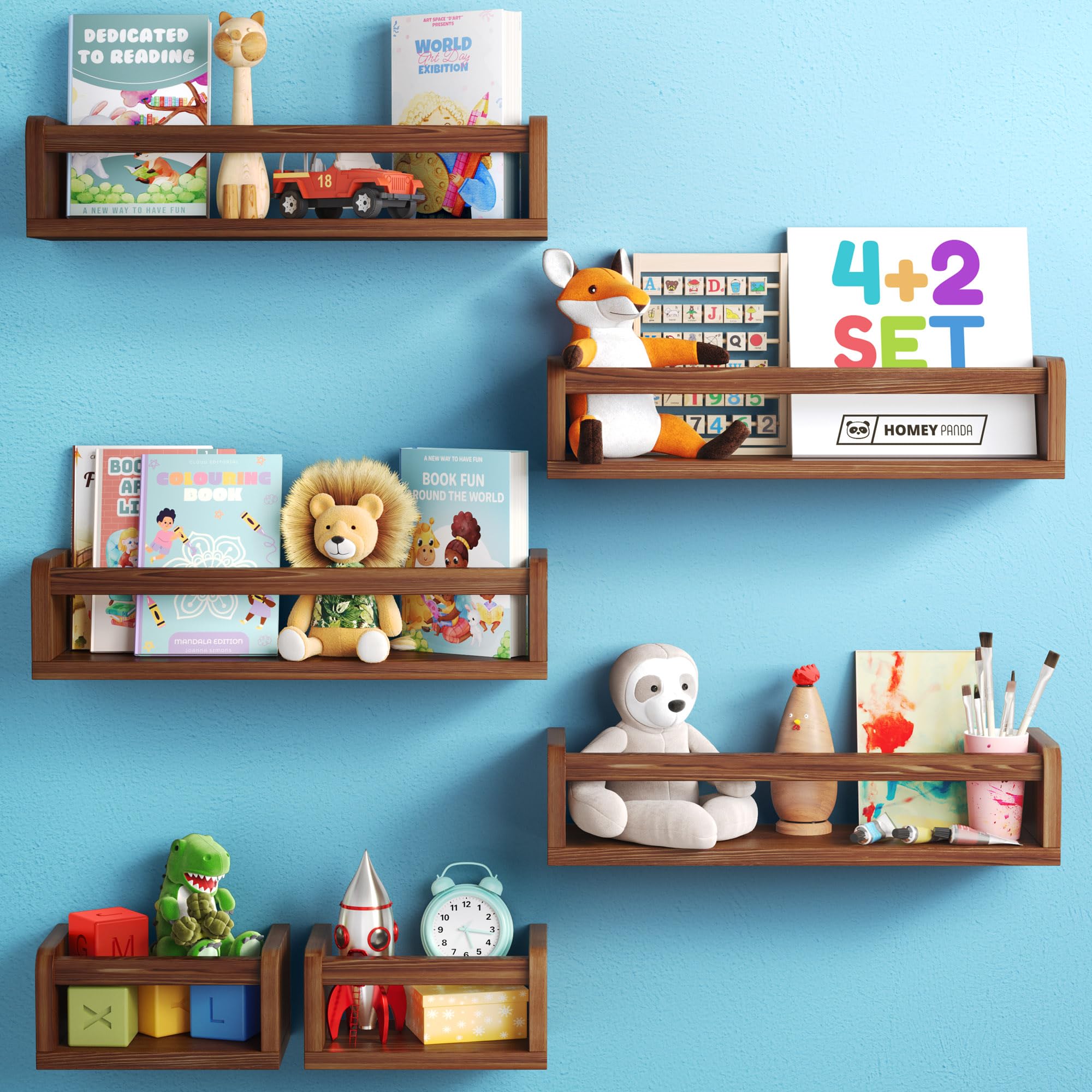 Wall-Mounted Nursery Bookshelves Long Mini Shelves, Kids Room  Storage (Walnut Pine Wood)