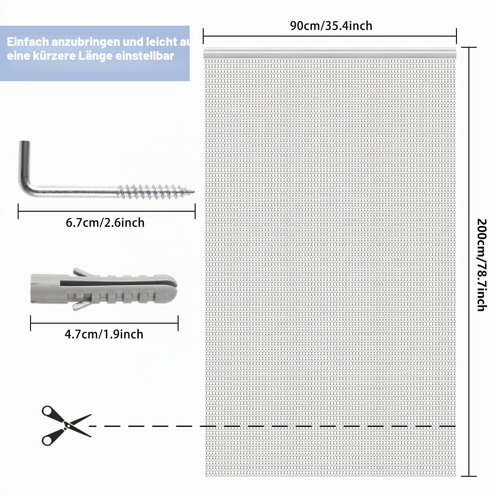 VerRich Kettenvorhang, 90 * 200 cm Aluminium Tür Fliegengitter Silber Metall Fliegenvorhang Insektenschutz Schädlingsbekämpfung