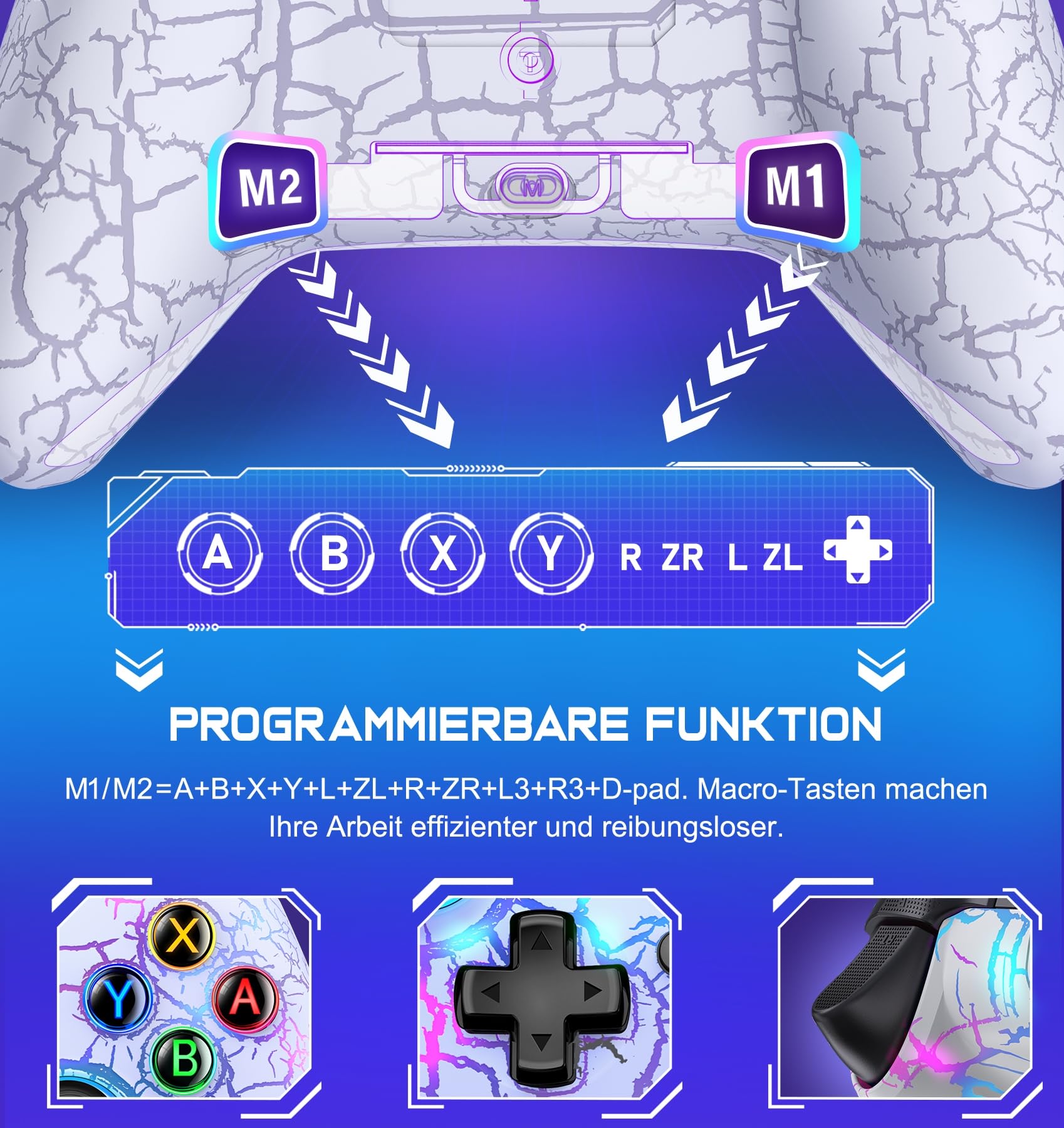 HASACOOL Switch Pro Controller Mit 2 Back Button Macro Programmierbar/Rissiges Design Lichter, 1000mAh für Switch/Lite/OLED, Kompatibel Mit Android/IOS/PC(Weiß)