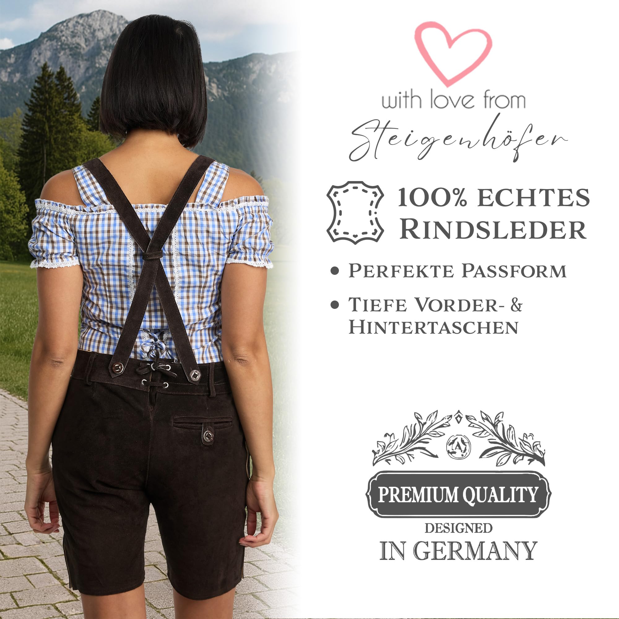 Steigenhöfer Lederhose Damen Tracht Shorts - 100% Rindsleder - Annika - Traditionelle Kurze Hose für Frauen - Inklusive verstellbaren Trägern - Gürtelschlaufe - Dirndl Alternative