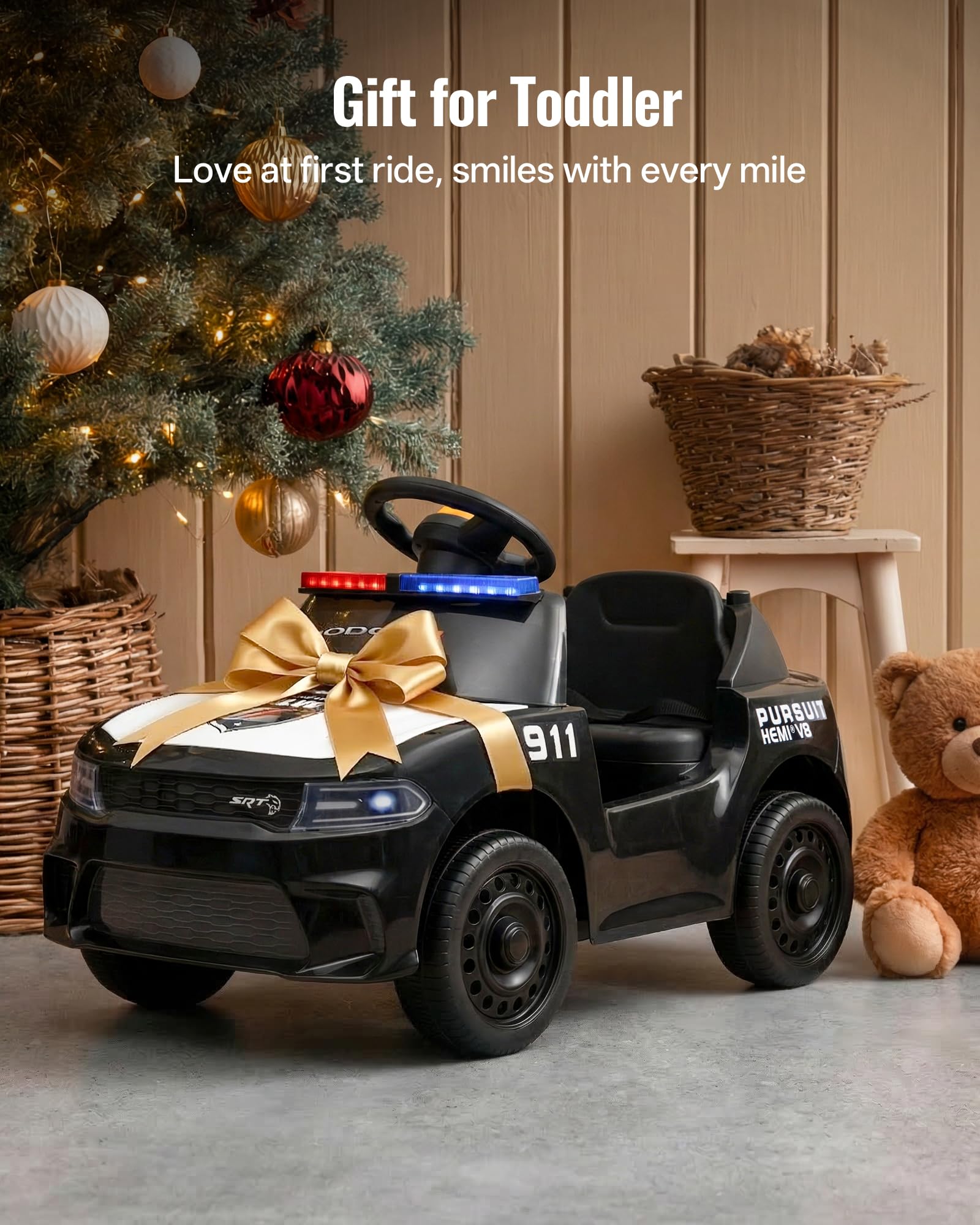 Outfunny Auto elettrica della polizia per bambini, 12 V, 2 posti, auto giocattolo per bambini dai 4 agli 8 anni con telecomando, Bluetooth, nero
