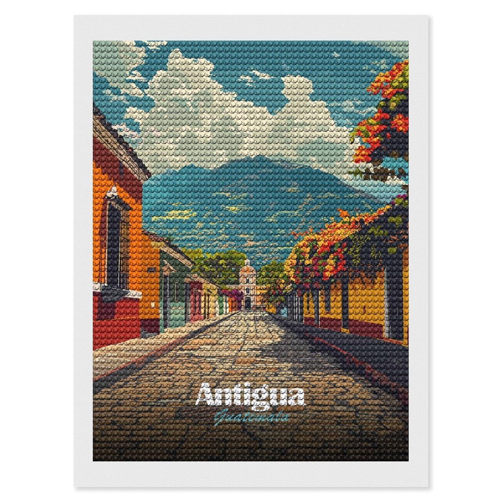 Junmoney Antigua Guatemala Street View DIY Diamond Art Canvas Kit 12"x16", Complete Accessories, Creative Leisure Activity, Home Wall Decor, Gift Idea