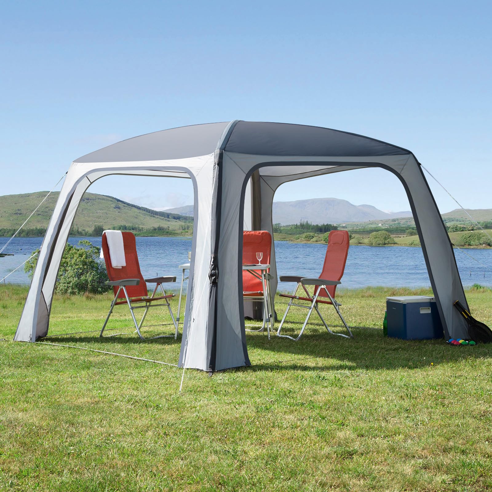 DWT Camping-Pavillon Relax Air, aufblasbar mit Seitenwänden, 350 x 350 x 225 cm, inkl. Pumpe und Abspannmaterial, Kurzreisen