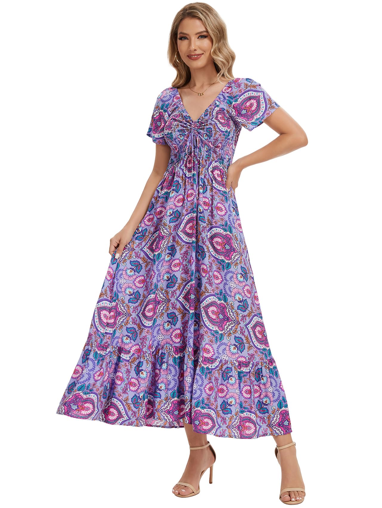 Summer Floral Smocked Maxi Dress for Women 2026 Casual Flowy Tiered A Line Boho Beach Party Long Dresses with Short Sleeve
