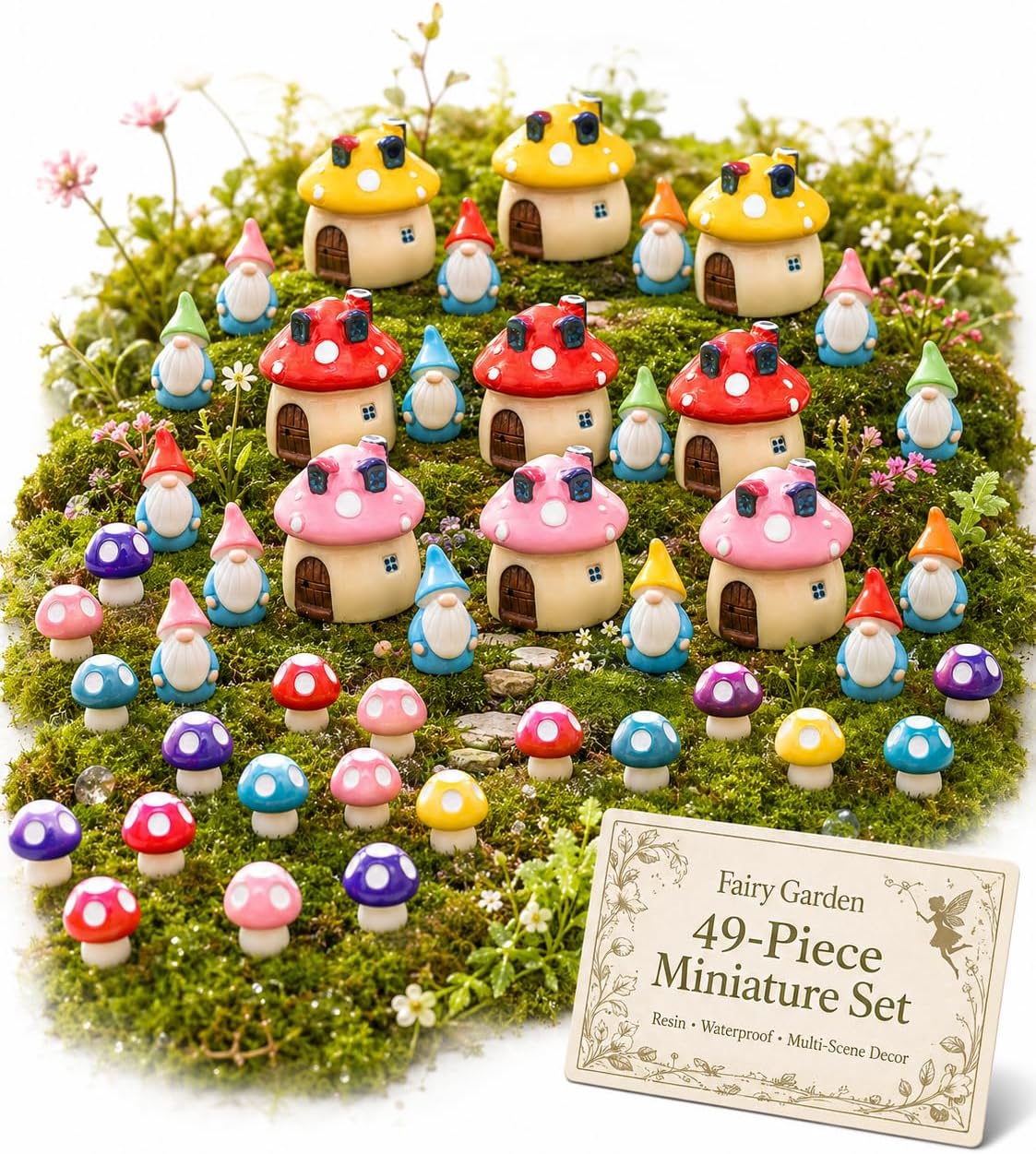 49 Pcs Mini Resin Figures,3-in-1 Mushroom House Gnome Fairy Garden Set