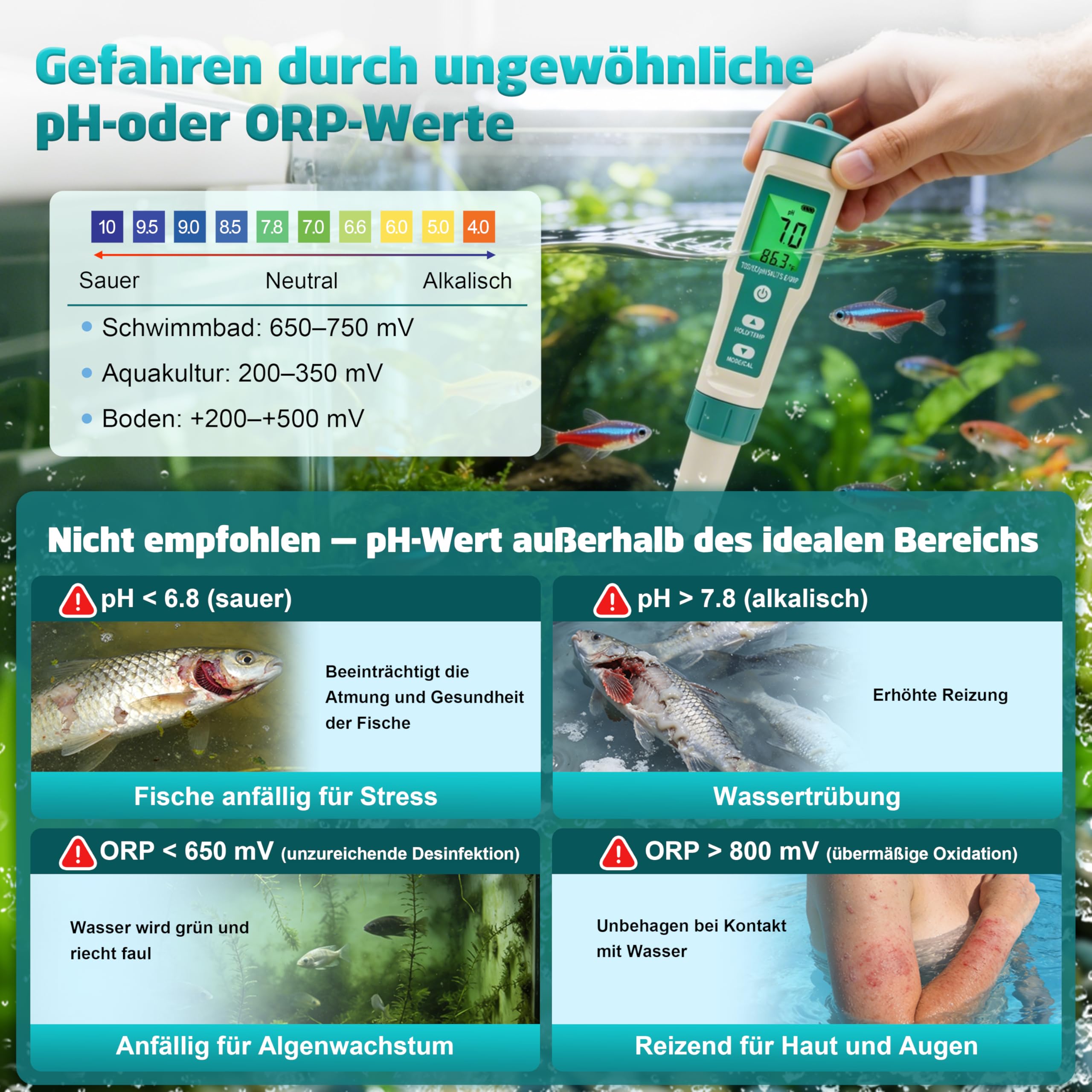 Digitaler Wasserqualität Tester, 8 in 1 PH Messgerät, misst pH ORP Salzgehalt TDS EC Temperatur für Pool Aquarium Hydroponik