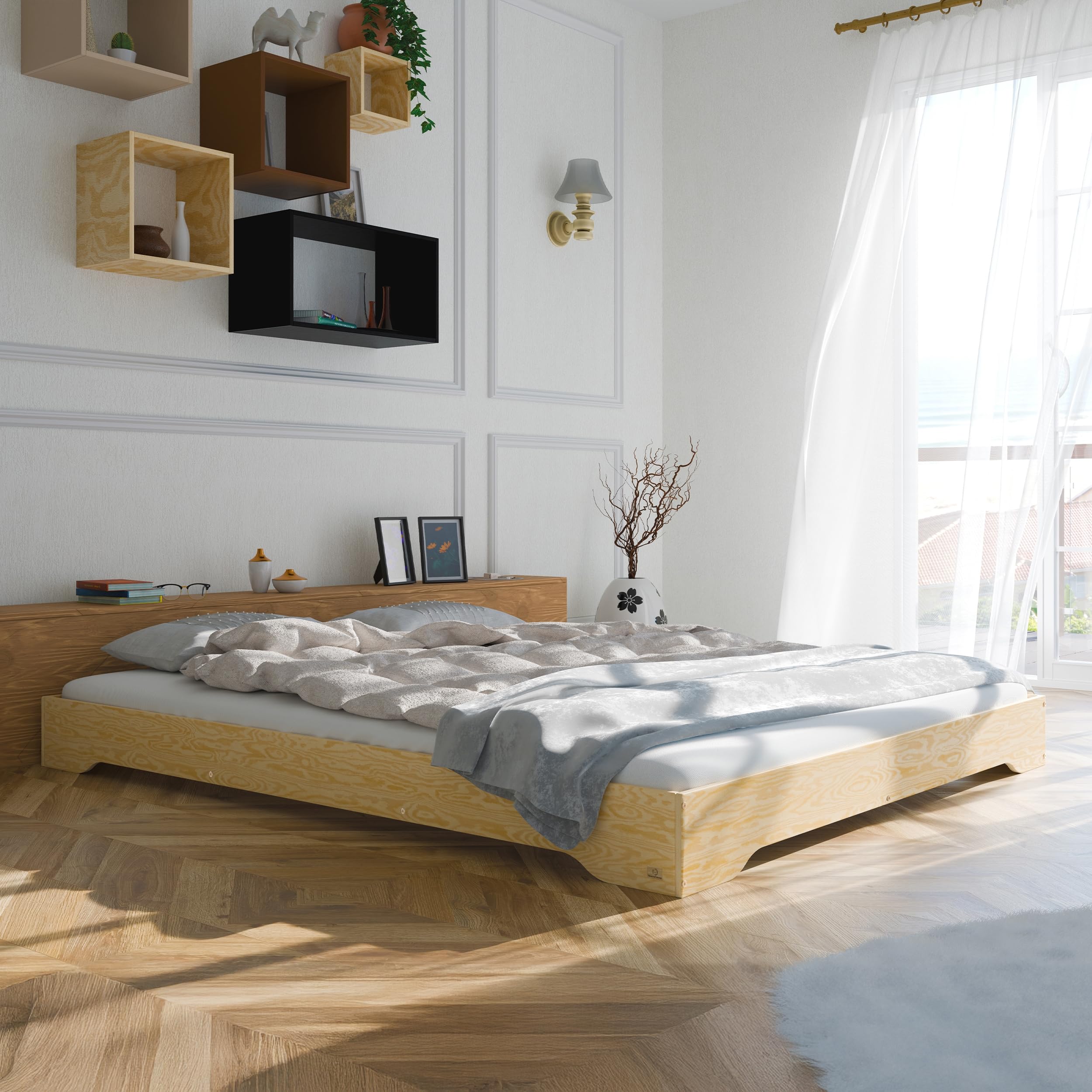 smartwood Cama 160x190 cm con Somier, de Madera, Madera, TILA 7 | Cama matrimonio, contrachapado de pino FSC, carga 300 kg, montaje fácil, bordes redondeados, estilo escandinavo