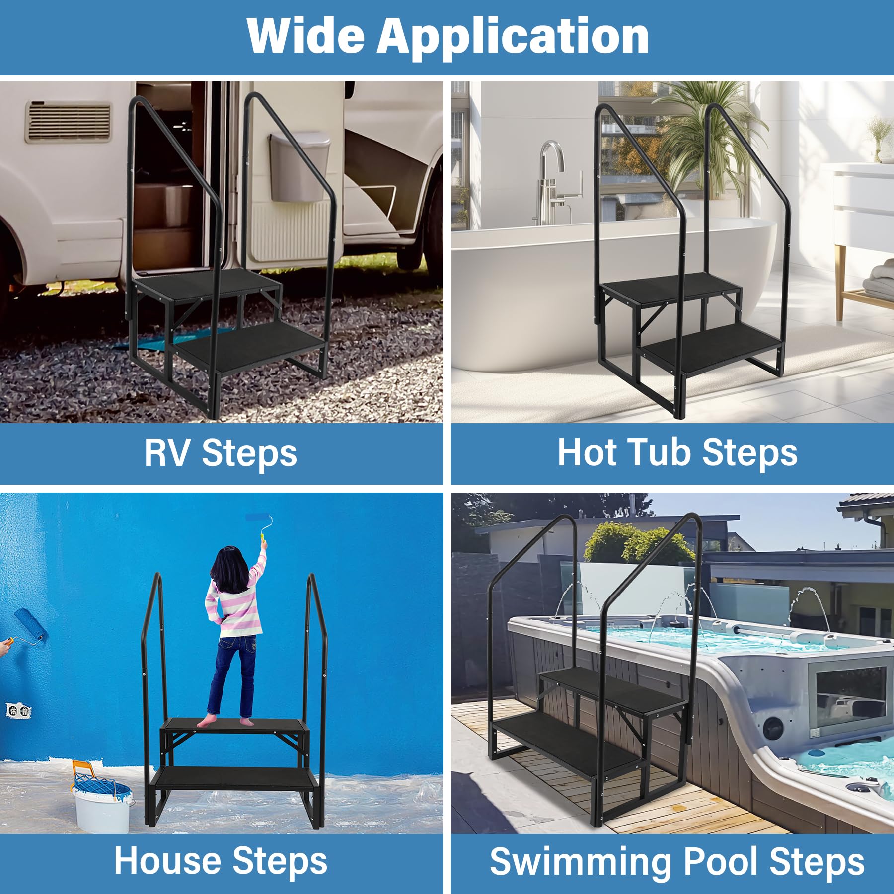 Escalones para caravana con pasamanos duales, escalones de bañera de hidromasaje de spa de 2 escalones con pedales antideslizantes, capacidad de carga de 400 libras, escalones portátiles universales