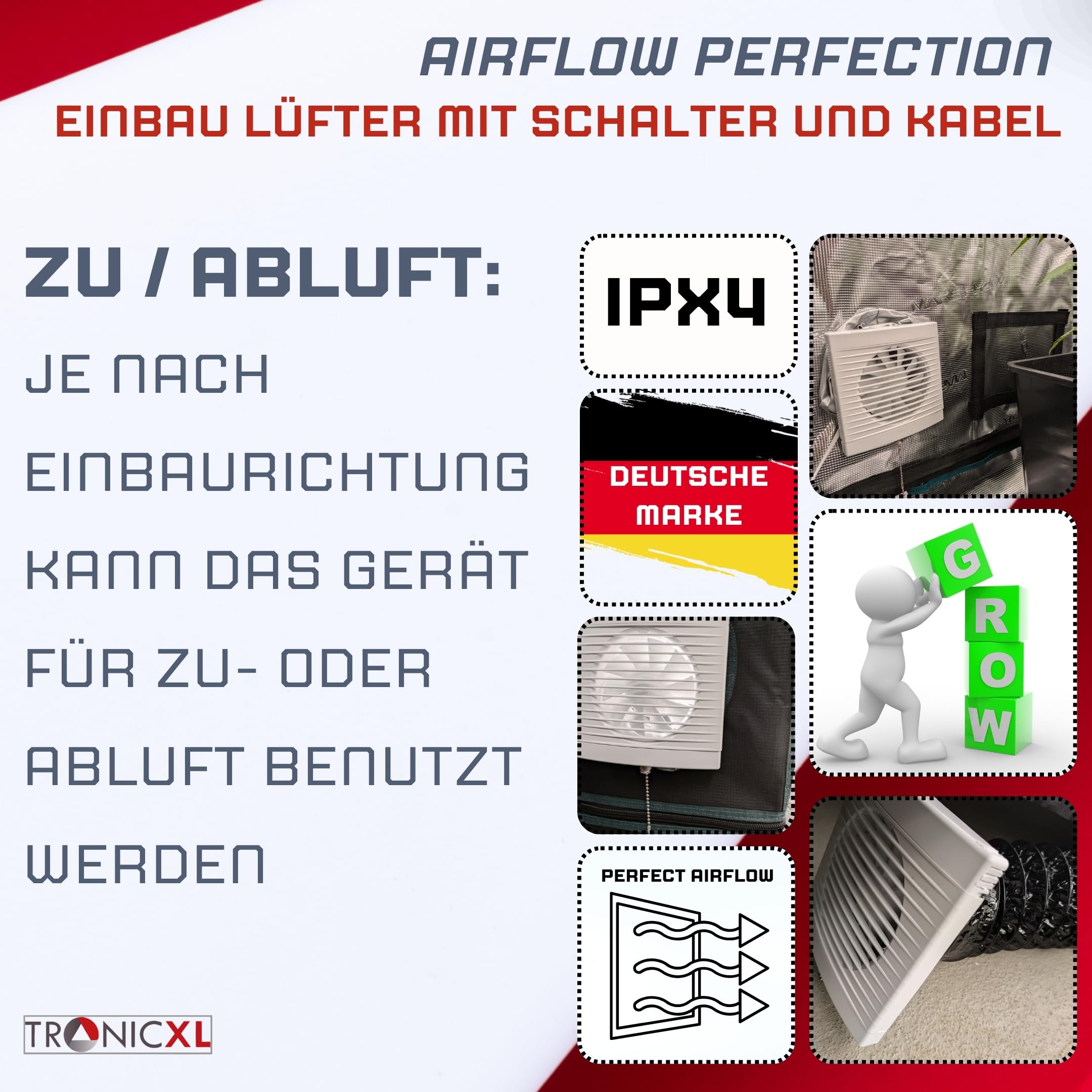 TronicXL IPX4 100mm Abluft/Zuluft Grow Lüfter Ventilator mit Netzstecker und Schalter für Homebox Growbox Growschrank Secret Jardin GrowPro DiamondBox Zelsius Mars Hydro etc.