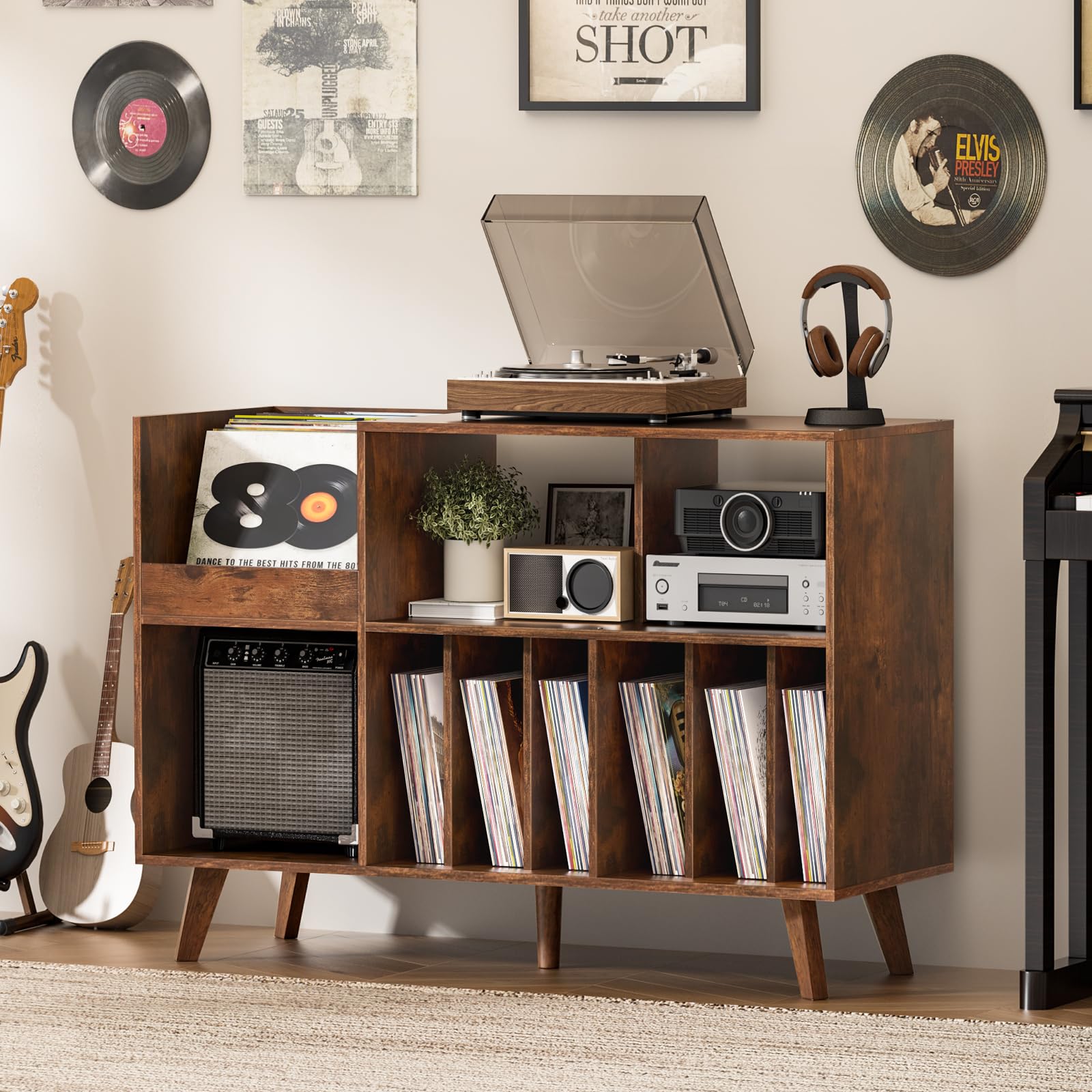 LELELINKY Soporte grande para tocadiscos, soporte giratorio con almacenamiento, soporte de vinilo con área de exhibición, mesa de tocadiscos con capacidad para hasta 450 álbumes, soporte para discos