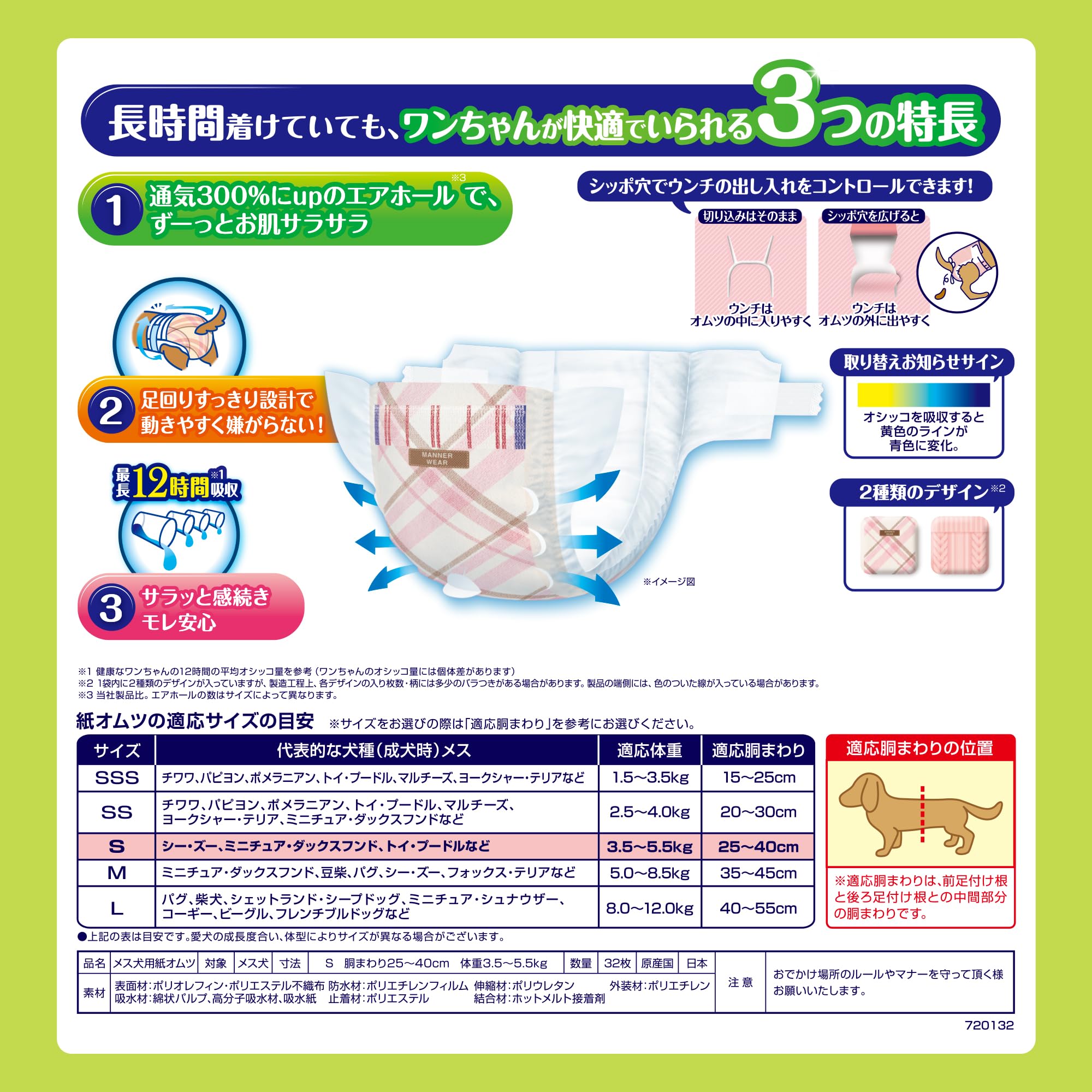 マナーウェアー　女の子用Ｓサイズ36枚×3&長時間快適オムツ32枚　計計4袋 定期お届け】マナーウェア長時間快適オムツ女の子用S32枚｜ユニ