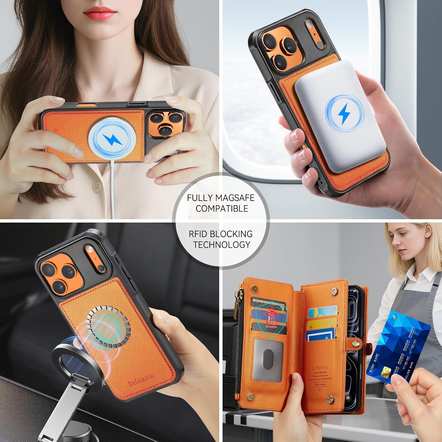Defencase for iPhone 17 Pro Magnetic Wallet Case Compatible with Magsafe with RFID Blocking Zipper & Card Holder for Women Men PU Leather Strap Detachable Case for iPhone 17 Pro (6.3 inch), Orange - Image 4